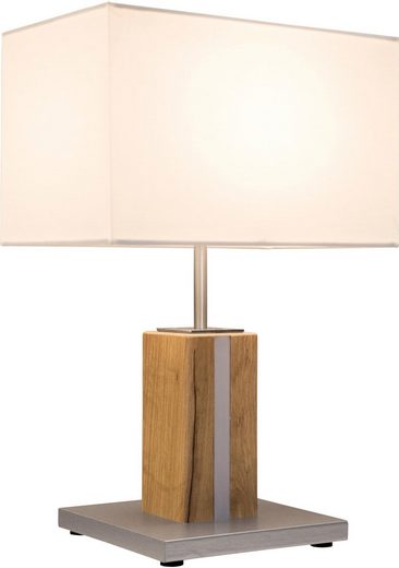 Tischlampe mit rechteckigem weißen Schirm, Holz-Metall-Fuß und quadratischer Metallbasis, frontal aufgenommen