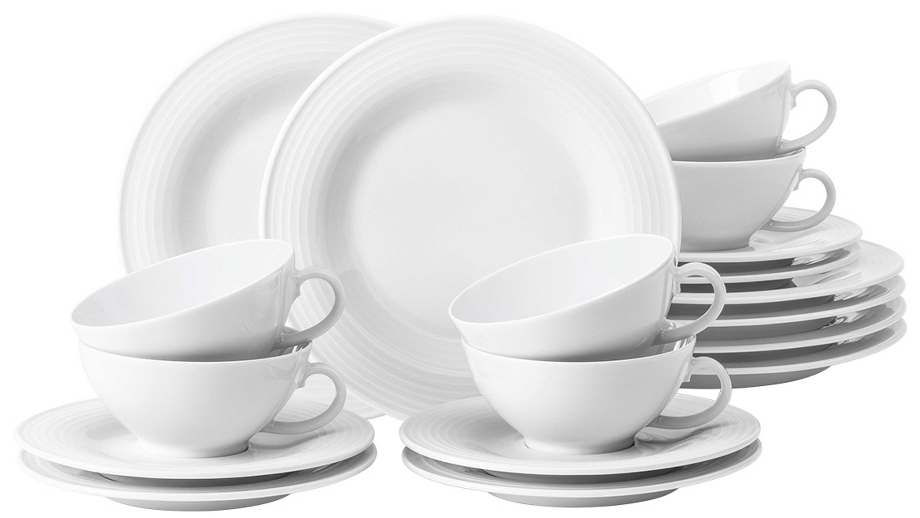 Weißes Teeservice mit kleinen Tassen und passenden Untertassen in schlichtem Design