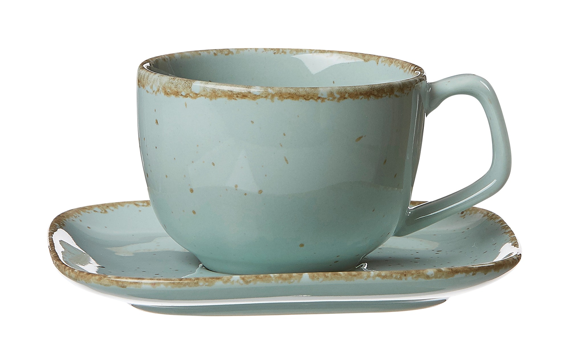 Casa Kaffeetasse mit Untertasse Blau-Türkis Kaffeetasse mit Untertasse in Blau-Türkis mit braunem Vintage-Rand