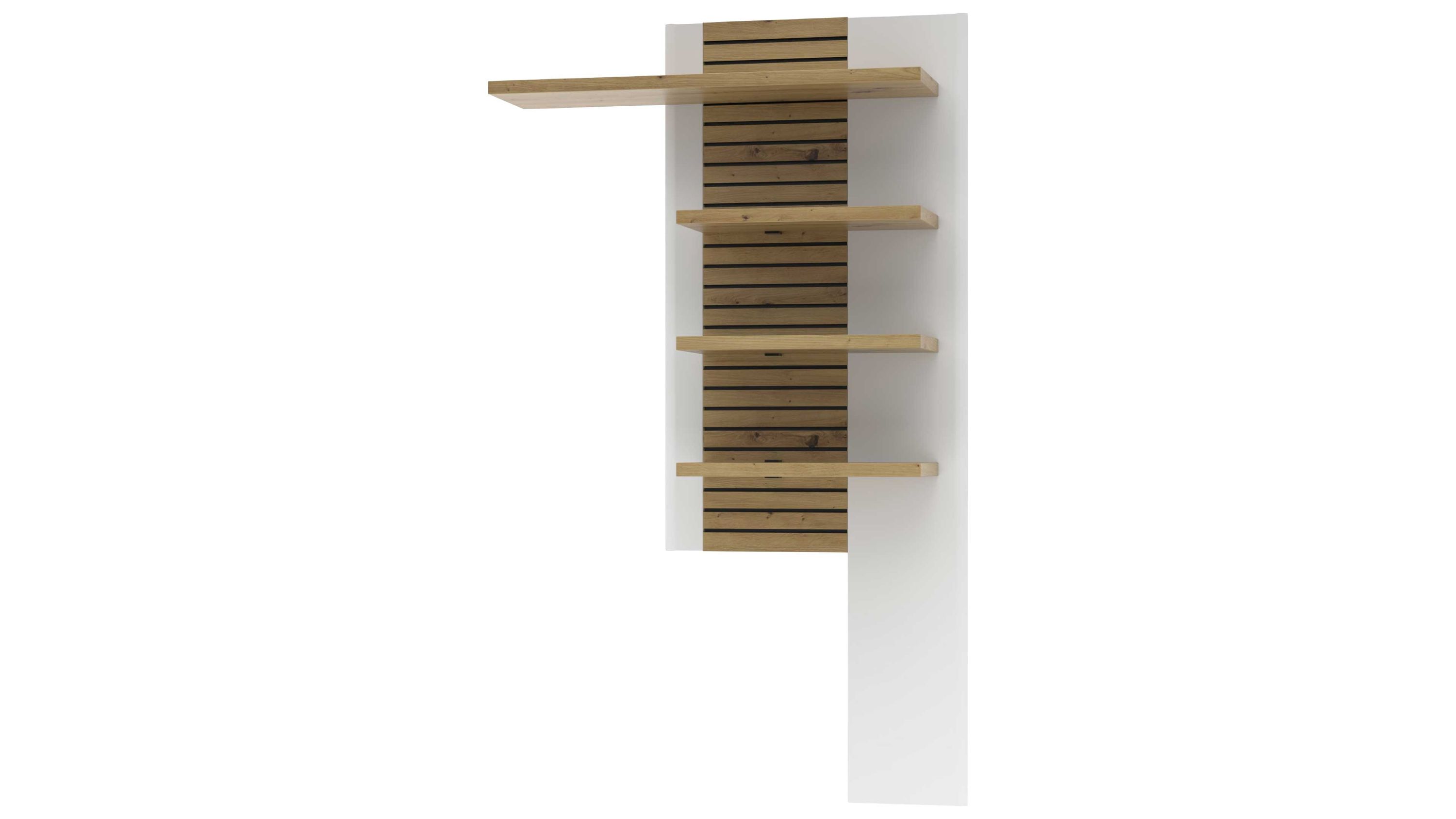 Wandpaneel mit vier Regalböden in weiß und Holzoptik Wandpaneel mit vier offenen Regalböden in weiß und holzfarben mit vertikalen Streifen in der Mitte