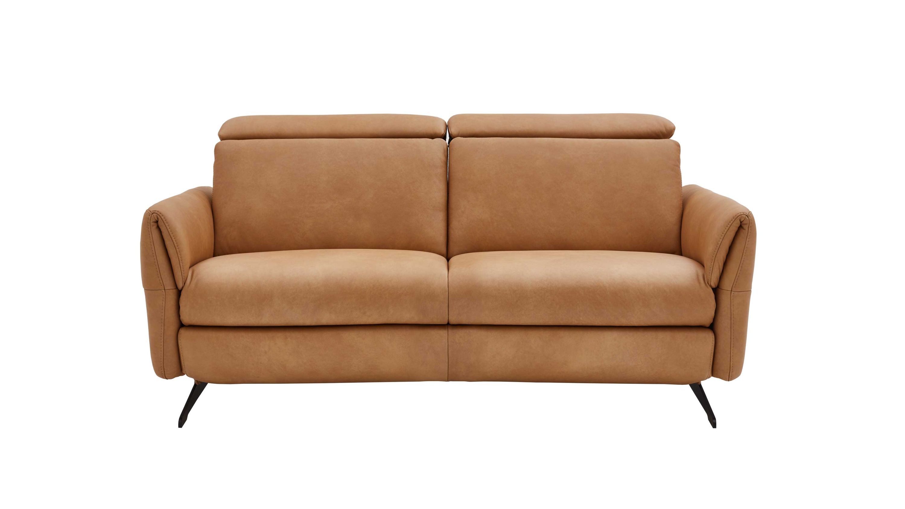 Zweisitzer Sofa mit Lederbezug und Metallkufen Zweisitziges Sofa mit honigfarbenem Lederbezug und schwarzen Metallkufen