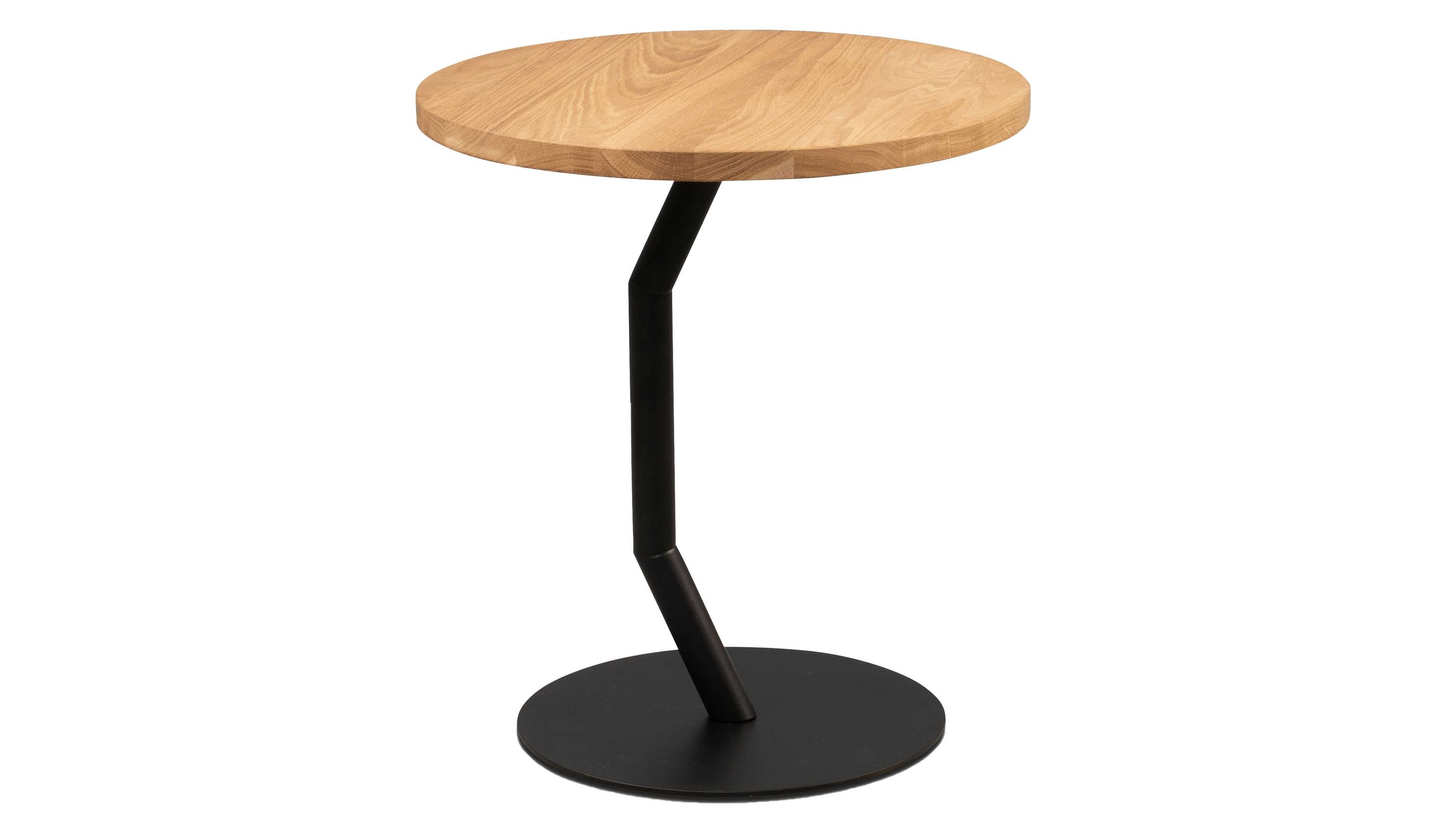 Runder Couchtisch mit hellem Holzplatte und schwarzem Metallgestell