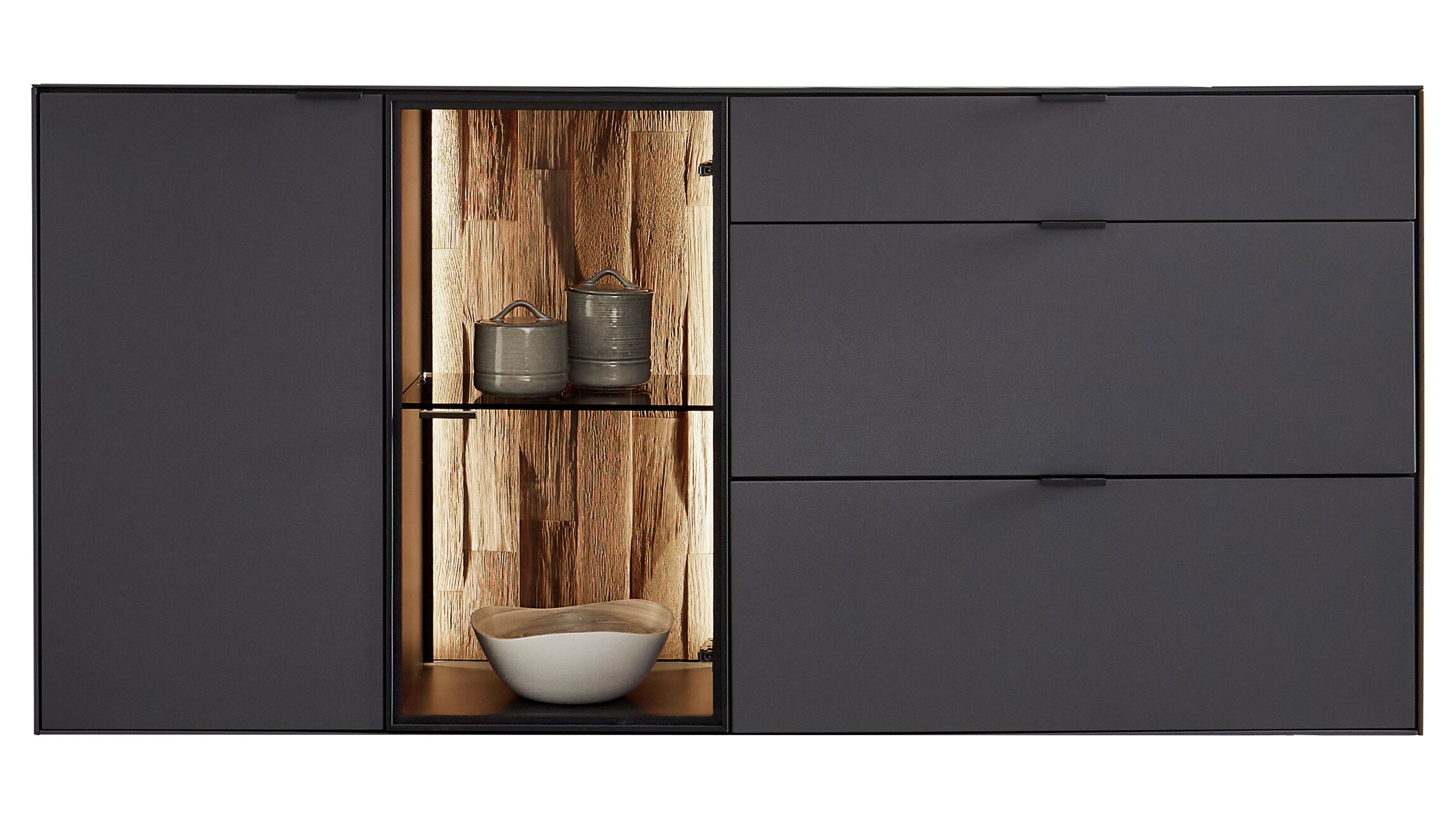 Sideboard mit zwei Türen zwei Schubladen und einem beleuchteten Glasfach in graphitgrauer Farbe