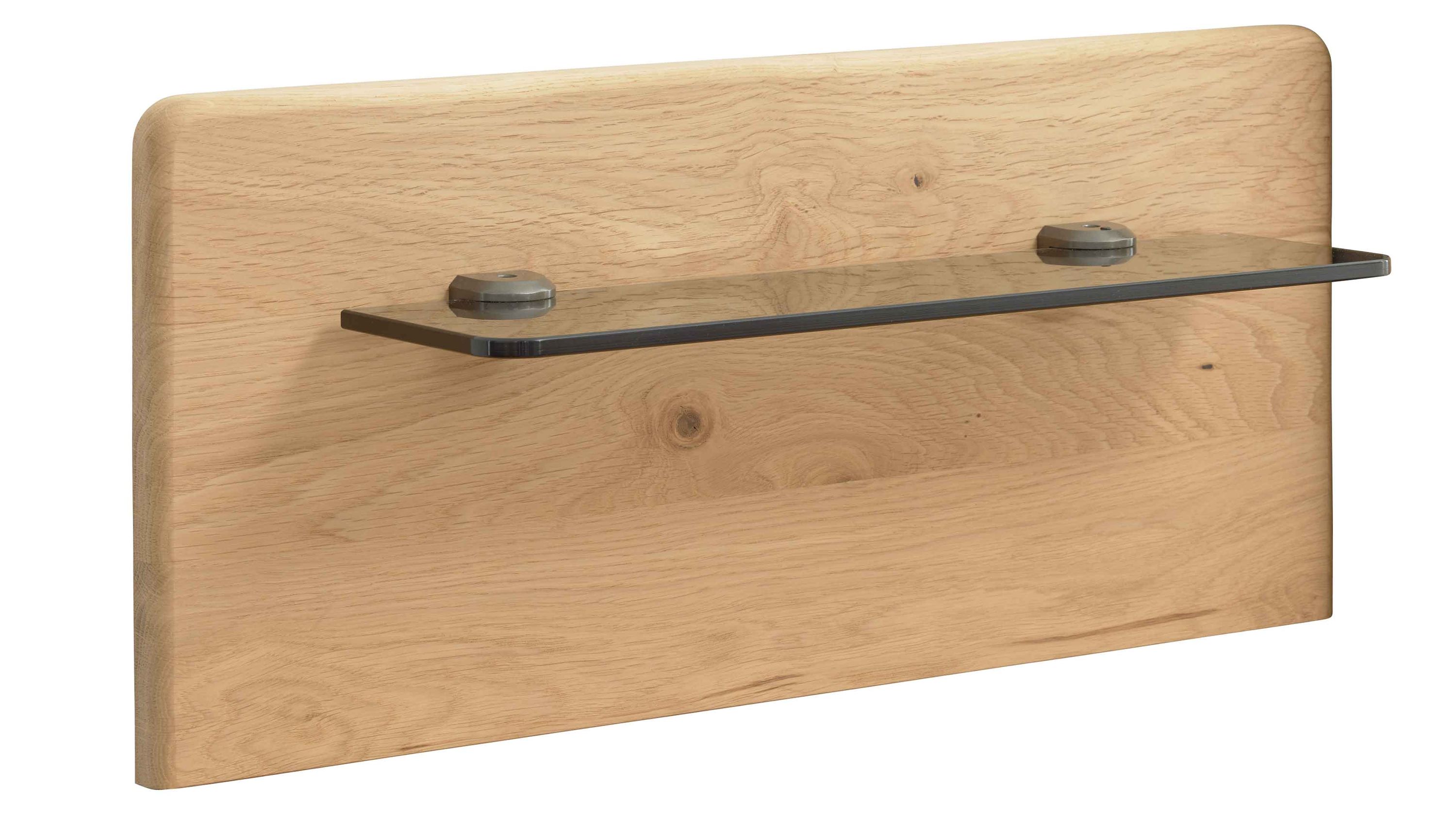 Rechteckiges Wandpaneel aus hellem Holz mit einer schwebenden Glasablage in dunkler Farbe