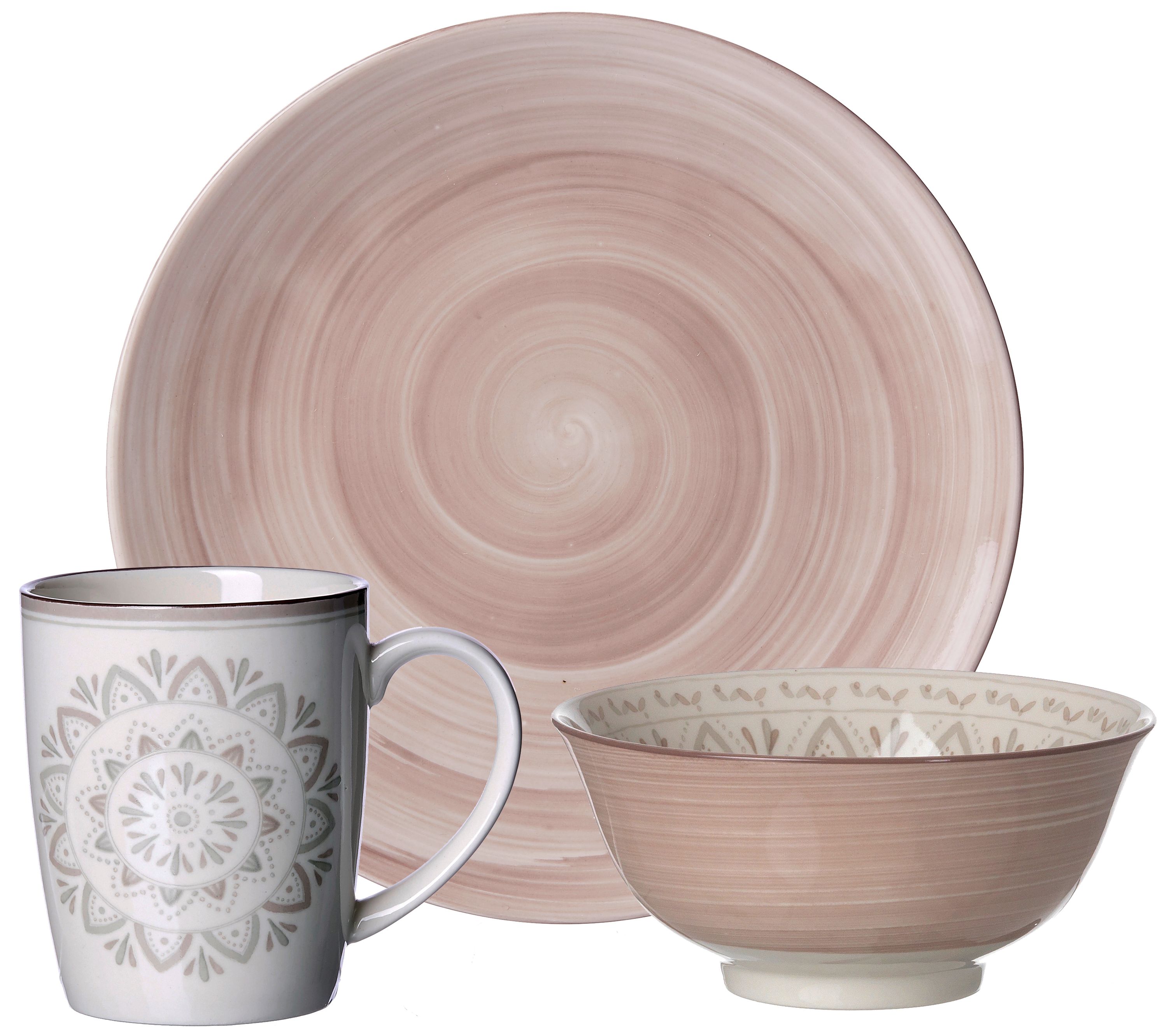 Rundes Frühstücksgeschirr-Set mit Teller Schale und Tasse in braun und weiß mit Muster
