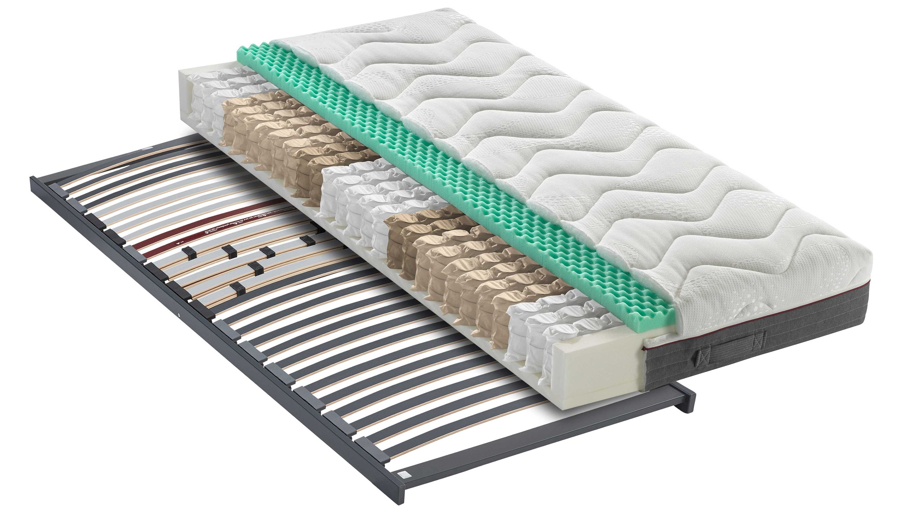 Taschenfederkernmatratze mit Schaumstoffschichten auf Lattenrost Taschenfederkernmatratze mit weißem Bezug und sichtbaren Schichten aus Schaumstoff und Federn auf Lattenrost