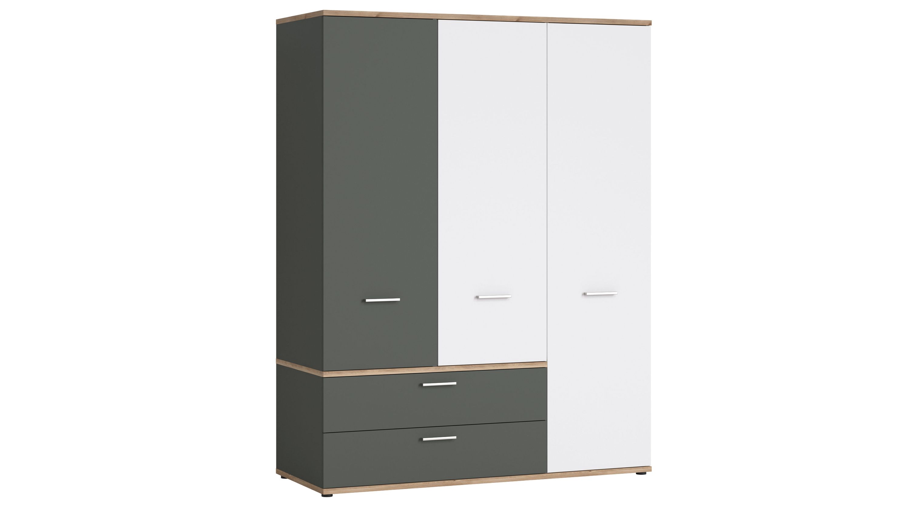 Drehtürenschrank mit zwei weißen und einer graphitfarbenen Tür zwei Schubladen und honigfarbenen Kanten