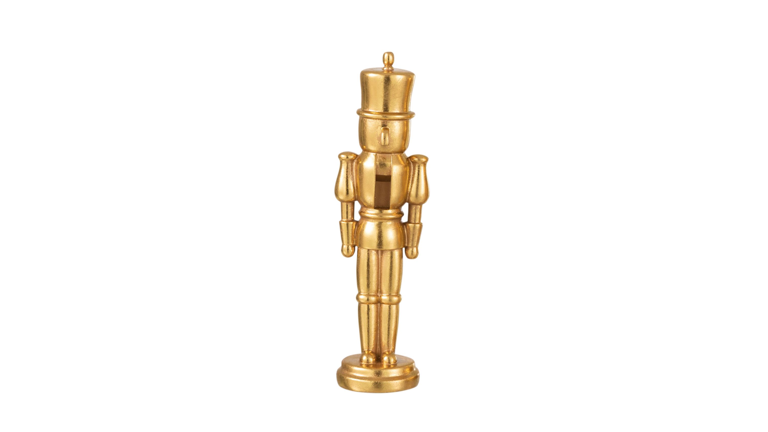 Goldfarbene Nussknackerfigur mit Zylinderhut und runden Schultern stehend