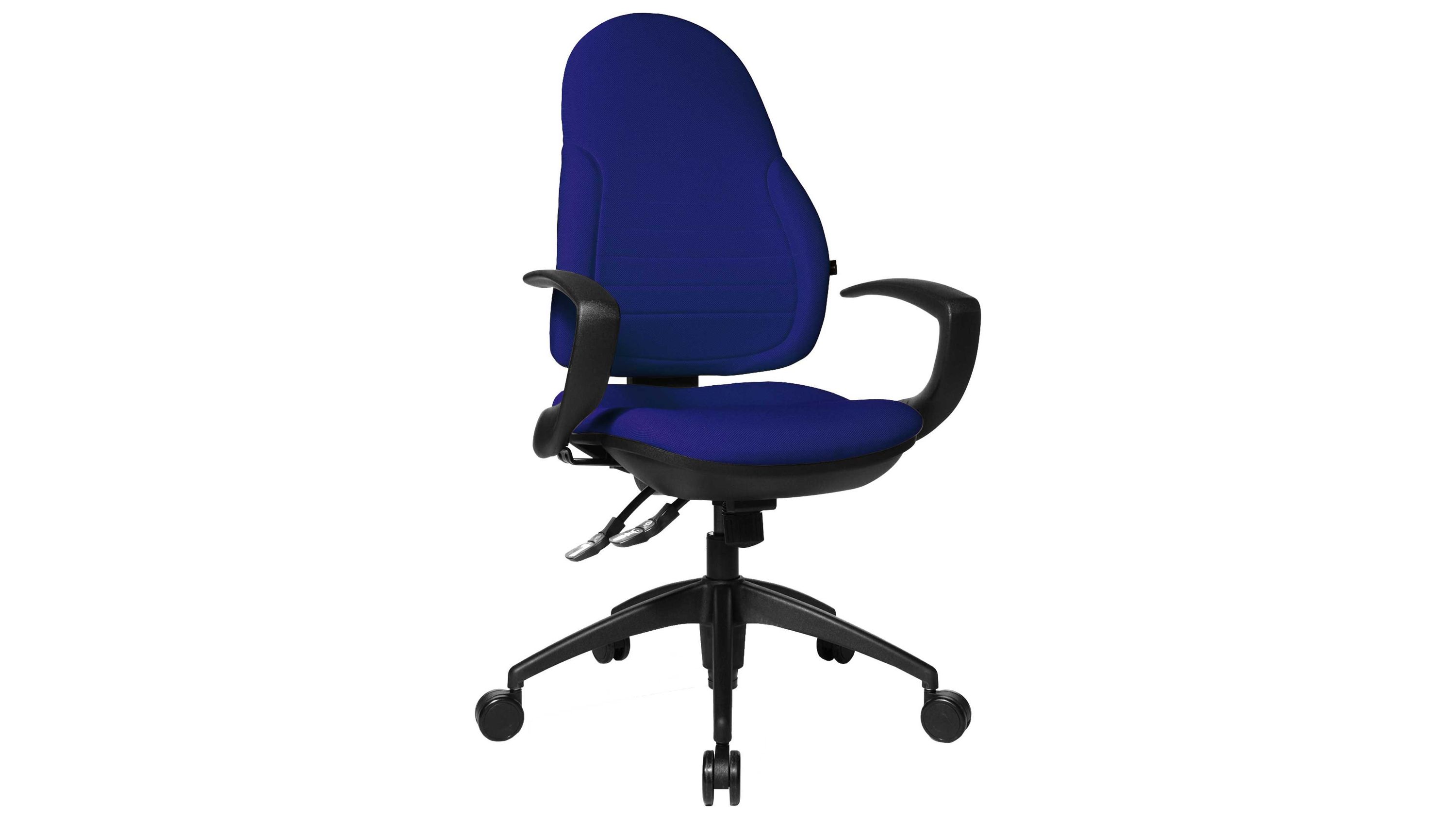 Bürodrehstuhl mit blauer Polsterung Armlehnen und schwarzem Drehkreuz mit Rollen