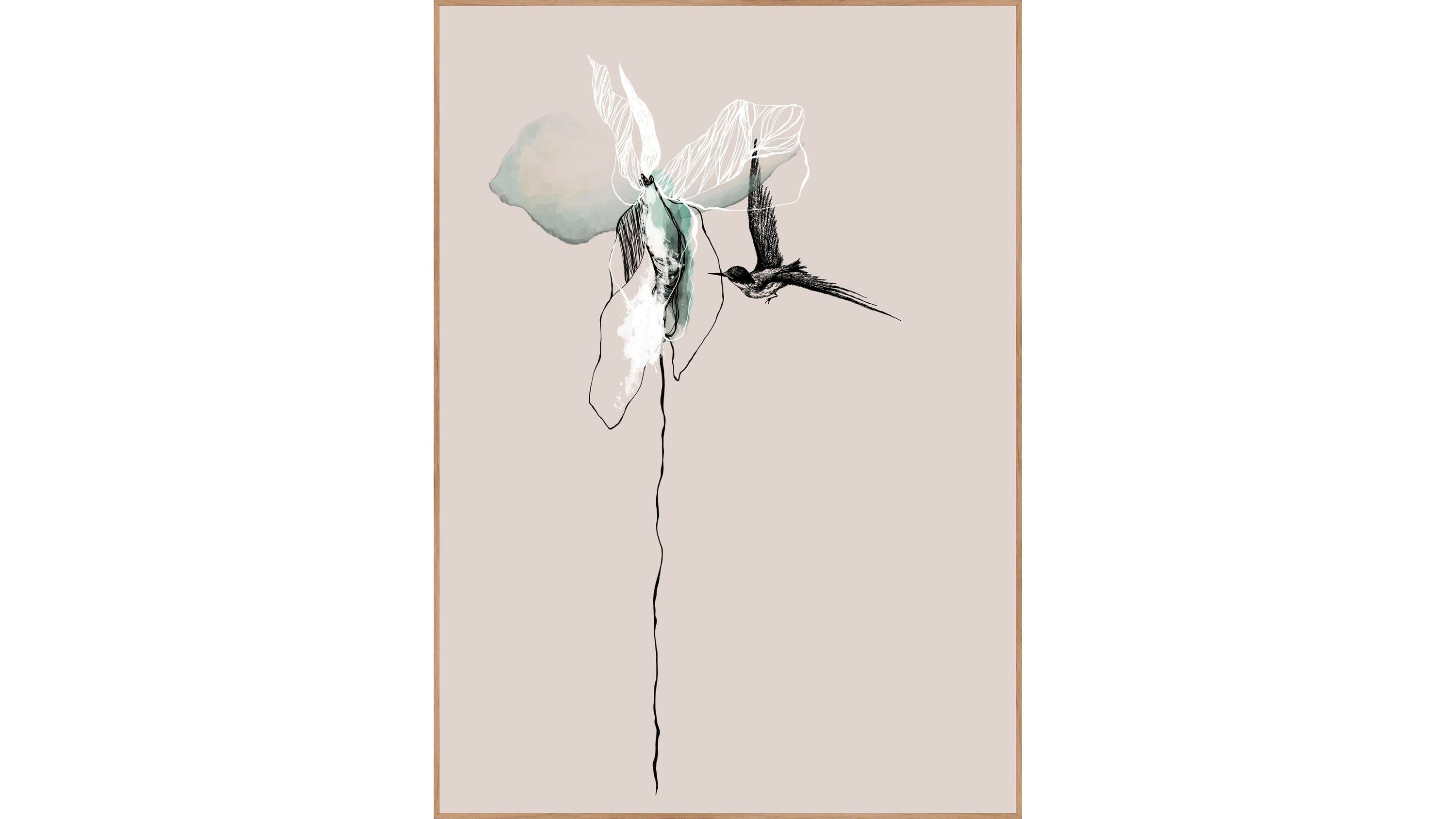 Poster mit abstrakter Blume in Grün- und Schwarztönen und fliegendem Vogel auf hellbeigem Hintergrund mit Holzrahmen