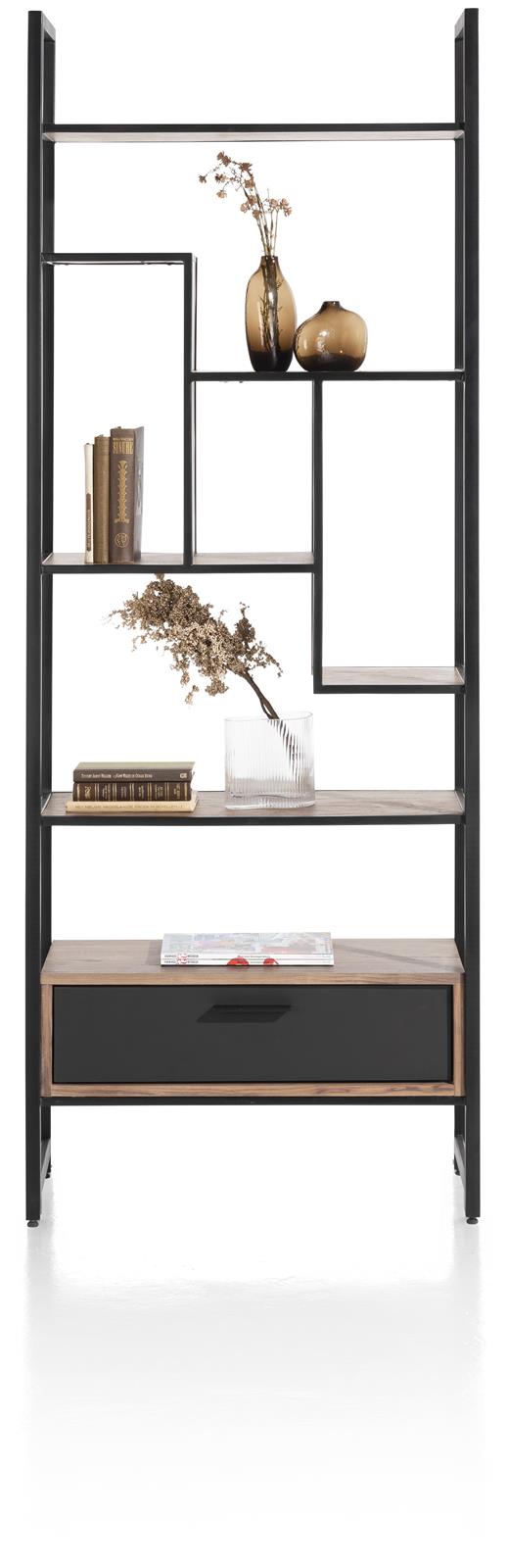 Regal mit 7 Nischen und einer Schublade, Schwarz Frontalansicht eines Regals mit Nussbaum- und schwarzem Finish mit Schublade unten und sieben offenen Fächern