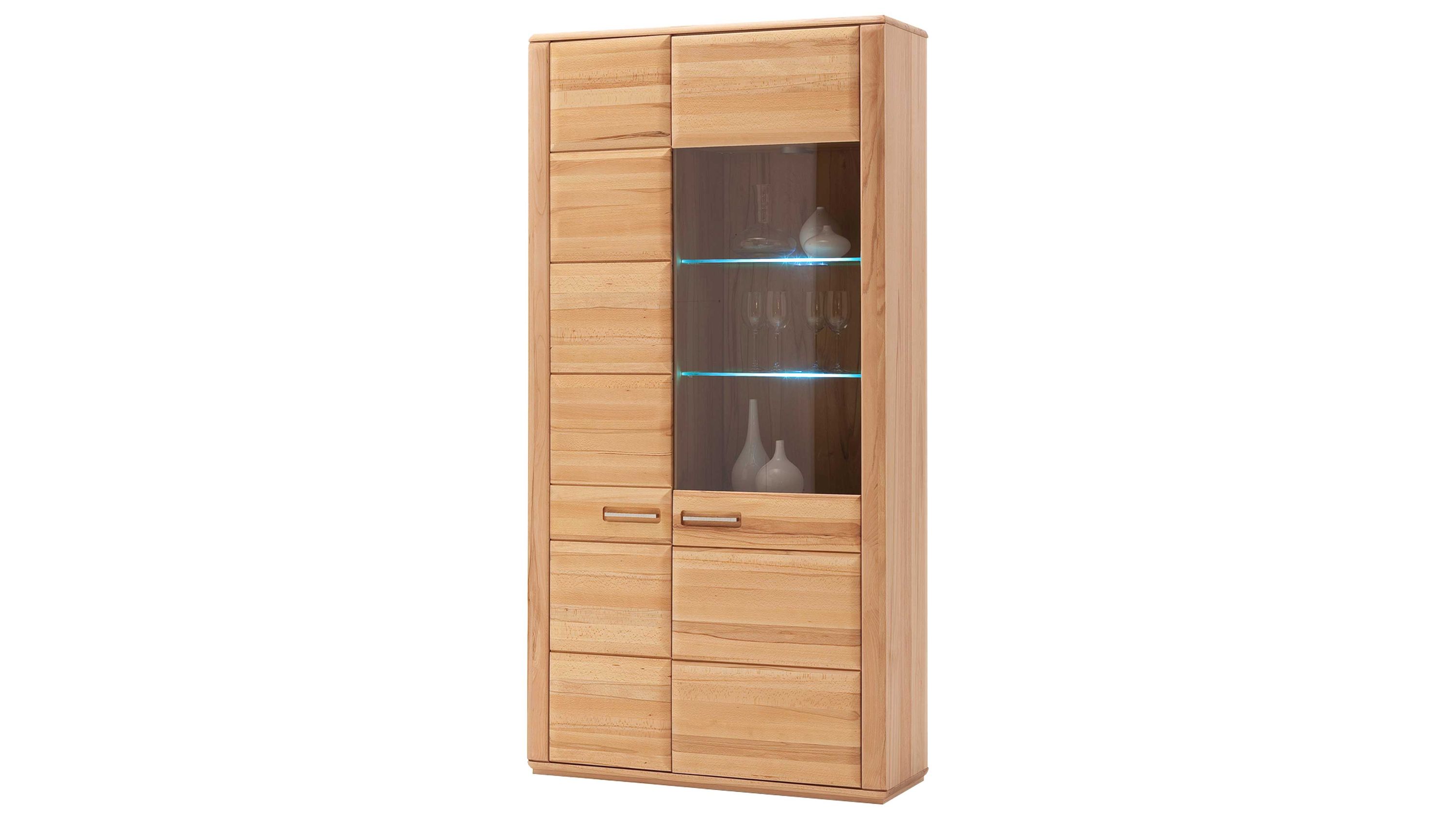 Vitrinenschrank aus geöltem Holz mit zwei Türen eine Tür mit Glas und Innenbeleuchtung