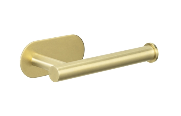 Leicht schräge leicht erhöhte Aufnahme goldmatter Toilettenpapierhalter mit Wandhalterung montiert an heller Wand
