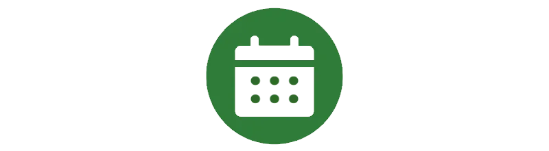 Kalender icon Symbol eines Kalenders in Weiß auf einem grünen Kreis-Hintergrund.