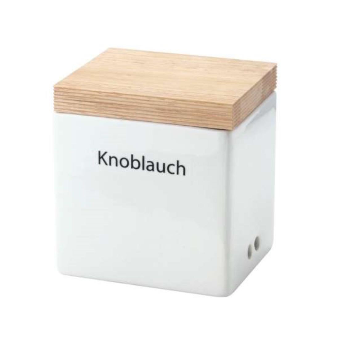 Frontalansicht: Weißer Keramikbehälter mit Holzdeckel und Aufschrift „Knoblauch“ auf heller Oberfläche