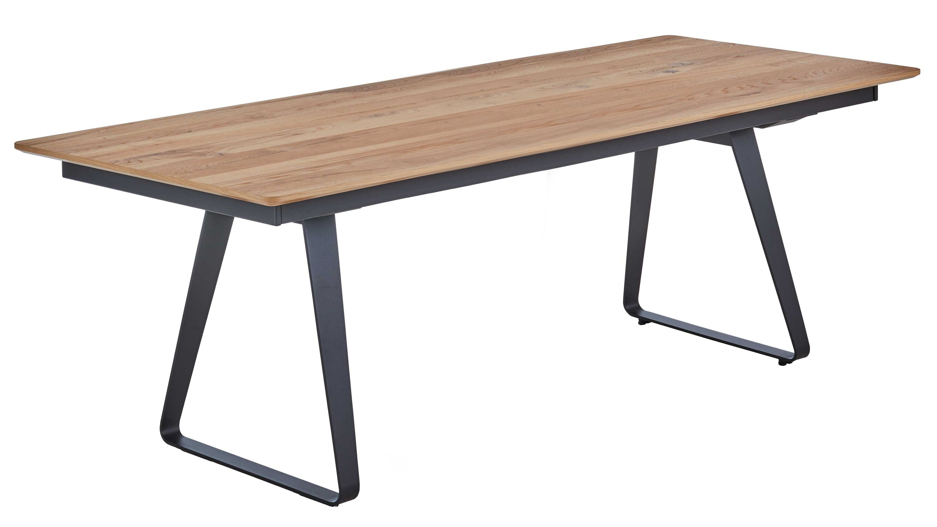 Esstisch mit Holzplatte und Metallbeinen Rechteckiger Esstisch mit hellbrauner Holzplatte und anthrazitfarbenen Metallbeinen in trapezförmiger Form