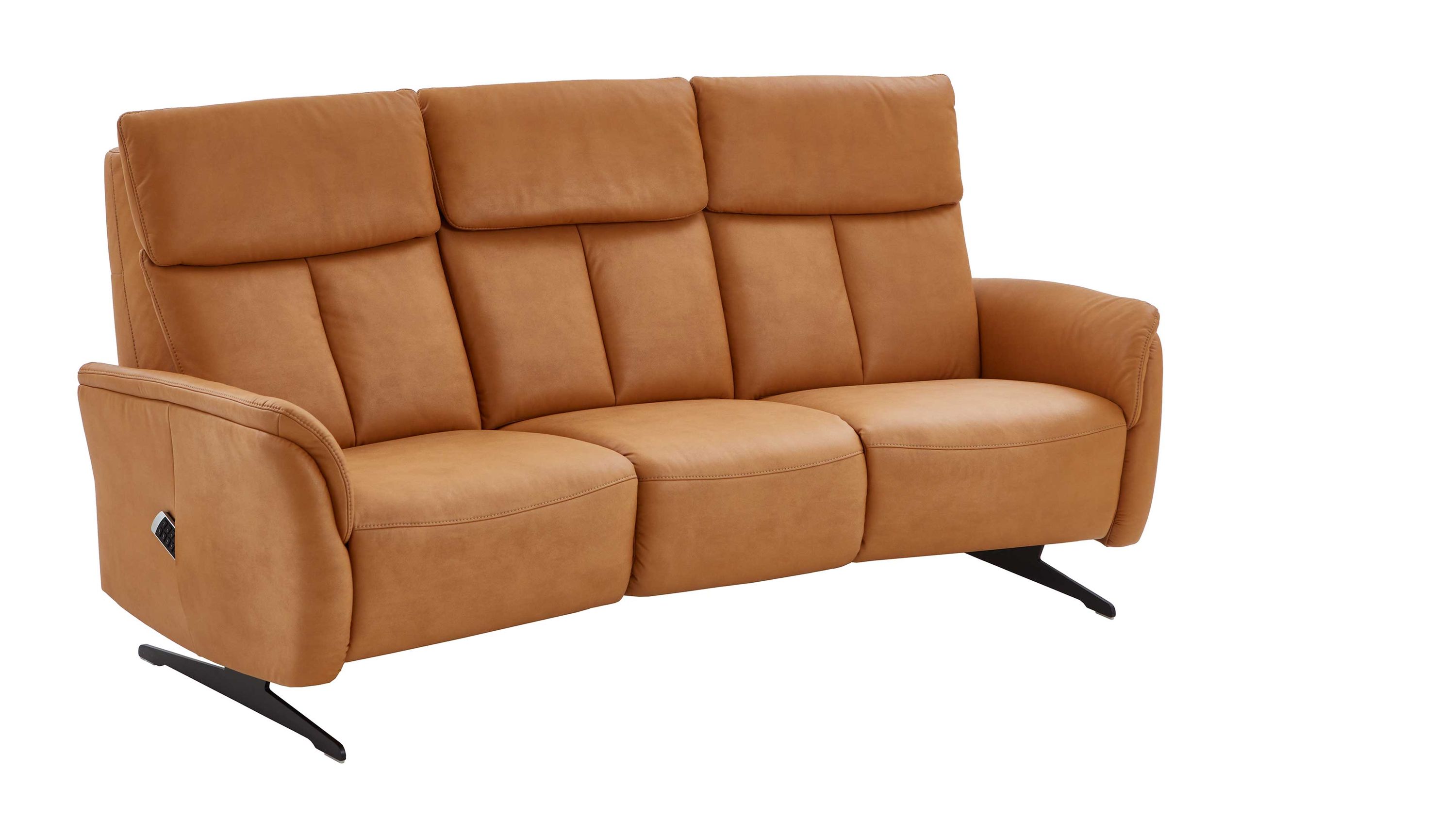 Dreisitziges Rundsofa mit senffarbenem Bezug und schwarzen Metallfüßen