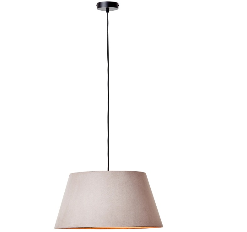 Frontalansicht einer Pendelleuchte mit taupefarbenem Metallschirm  hängend von der Decke