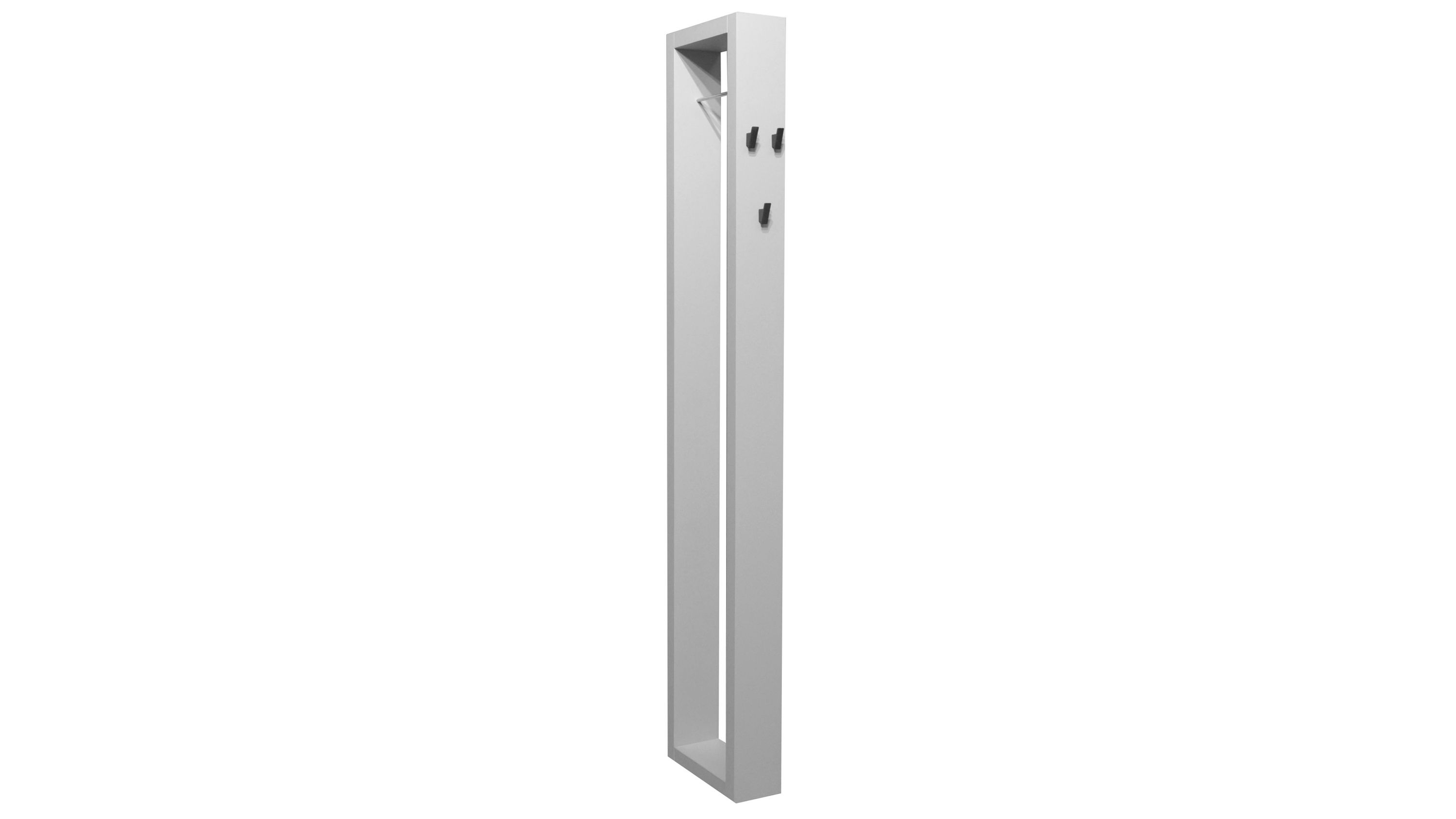 Wandgarderobe mit rechteckigem Rahmen und Haken in kreidegrau Schmale Wandgarderobe mit rechteckigem Rahmen und drei schwarzen Haken in kreidegrauem Mattlack