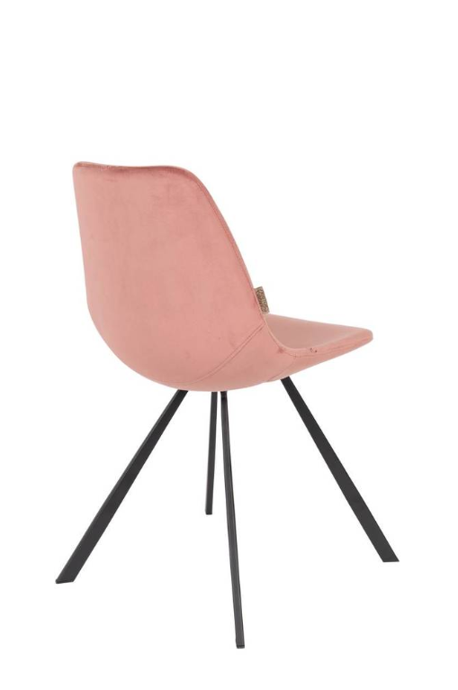 Hinteransicht eines rosa Stuhls mit schwarzem Gestell  Schalenform mit weicher Polsterung und klaren Linien