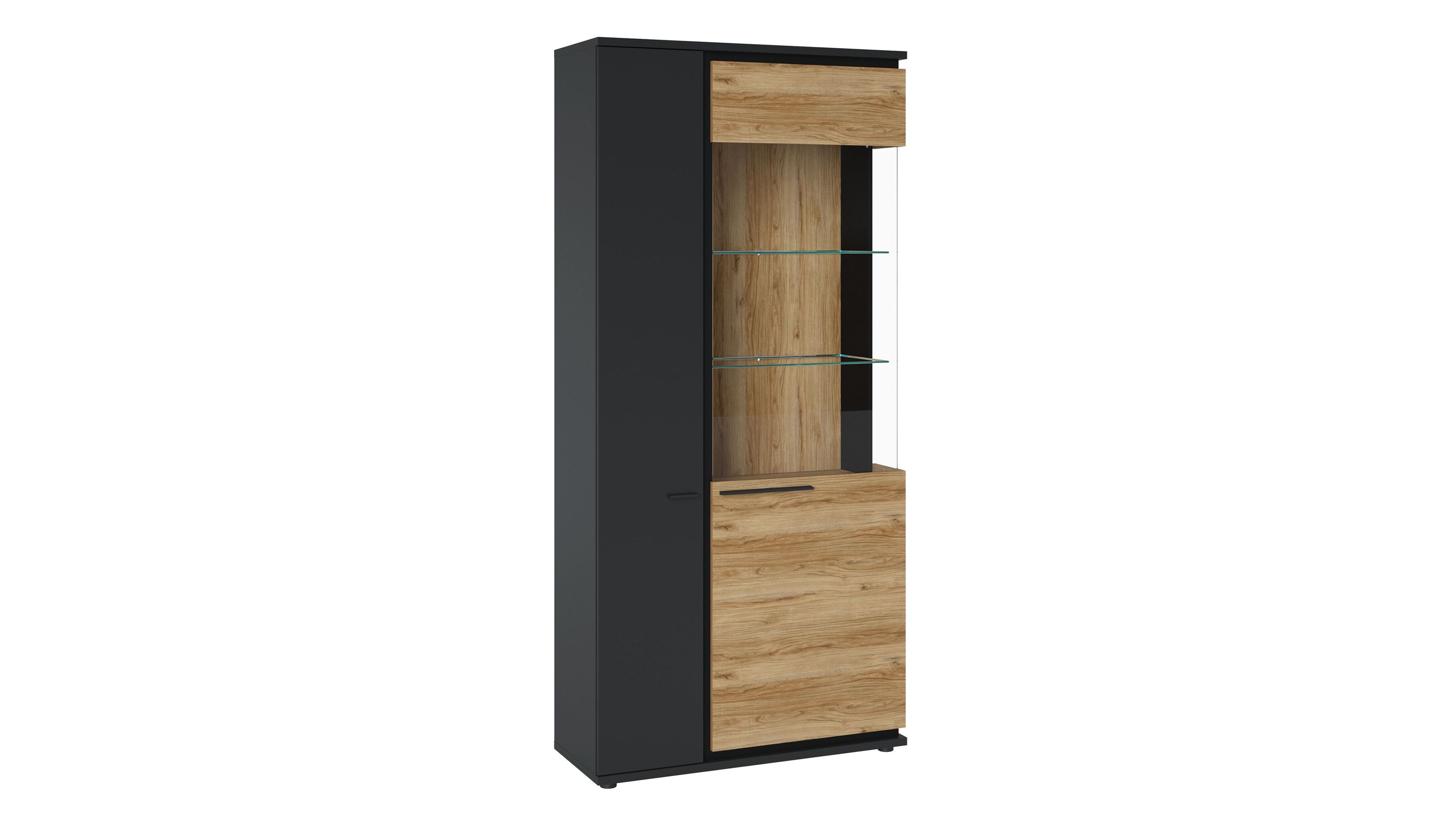 Hohe Vitrine mit zwei Türen eine mit Glas und zwei Glasböden in grau mattschwarz und holzfarben