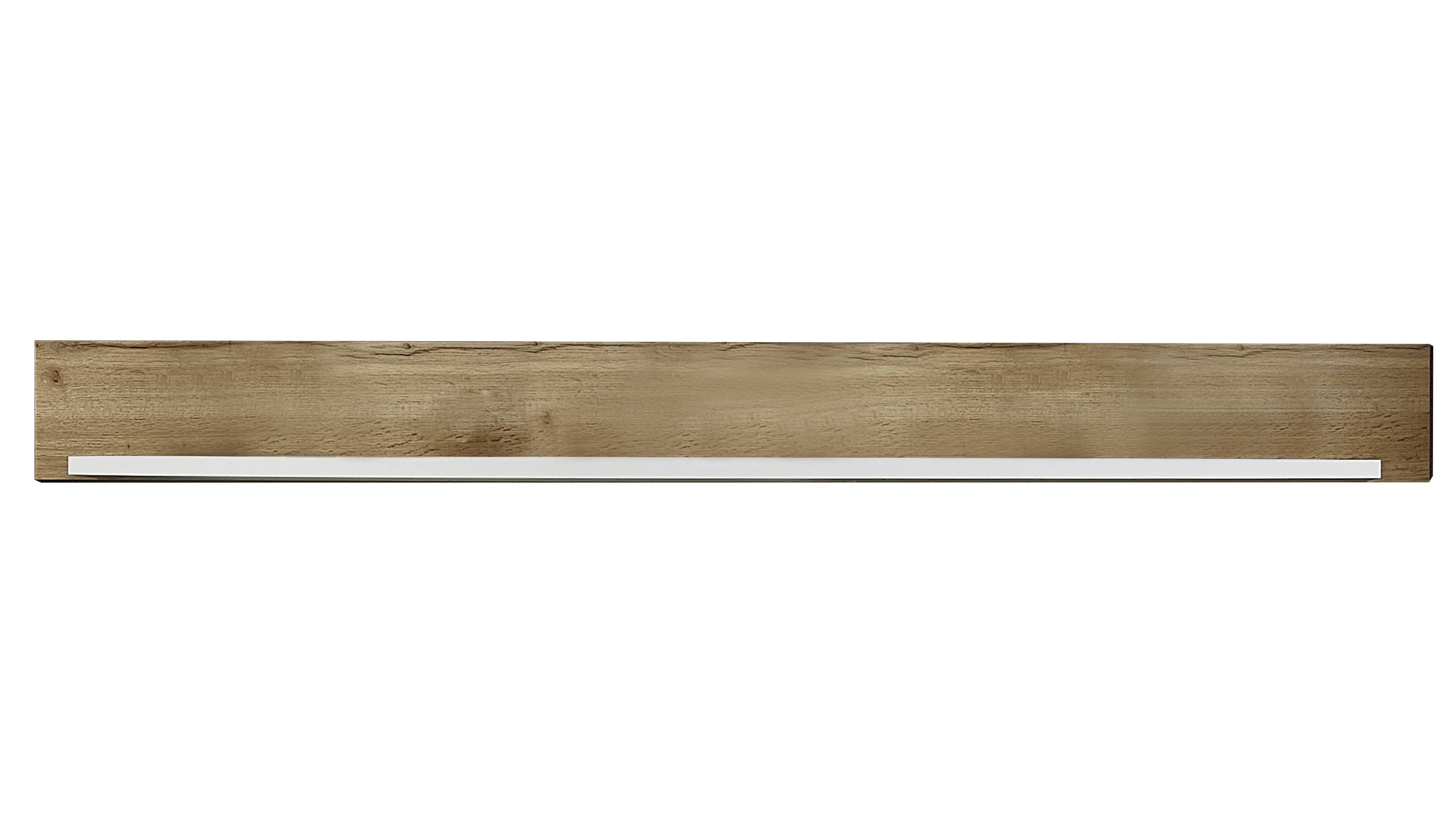 Langes Wandregal mit Rückwand in Holzoptik und weißem Regalboden