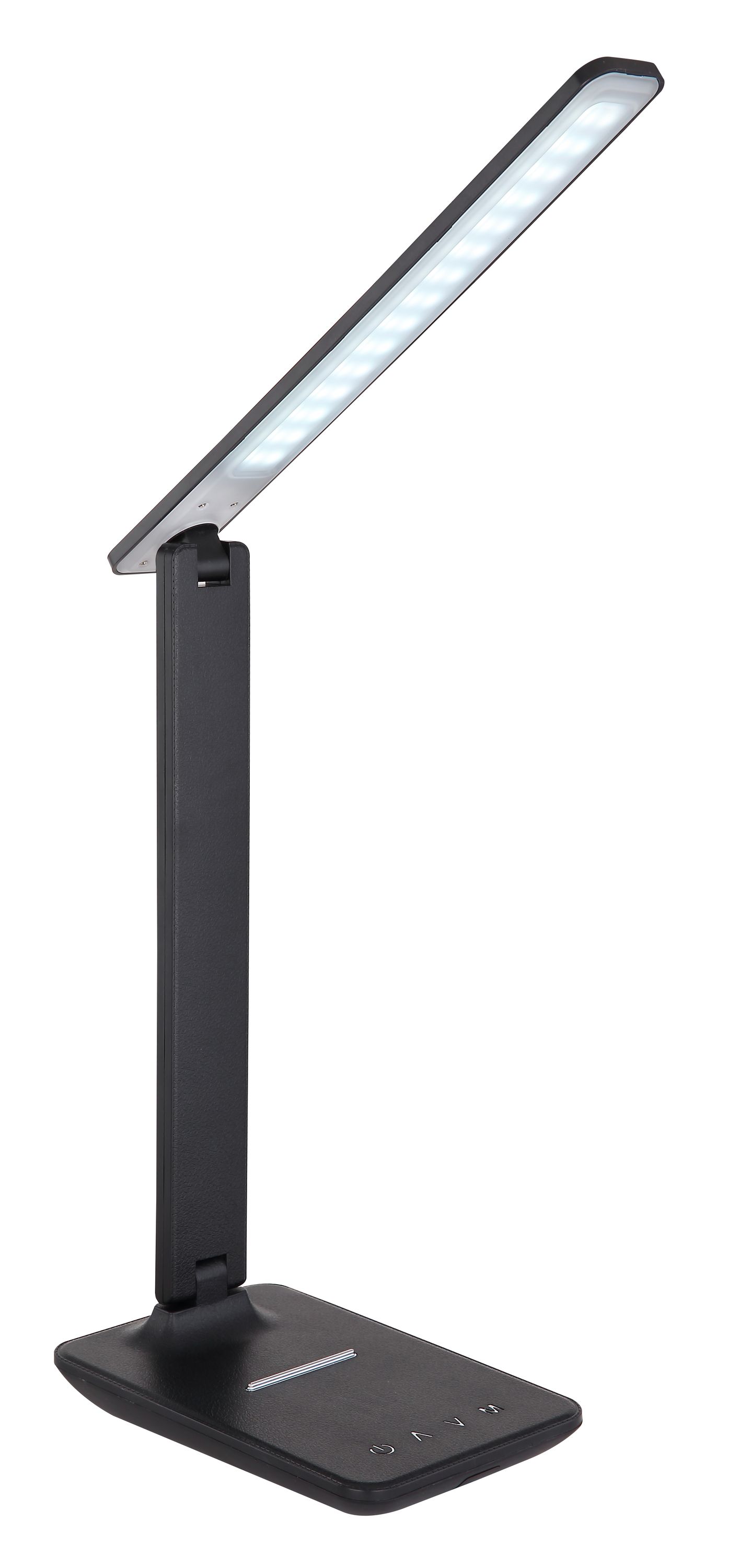 Schwarze LED-Tischleuchte mit rechteckigem Sockel und verstellbarem Arm ausgeschaltet vor weißem Hintergrund