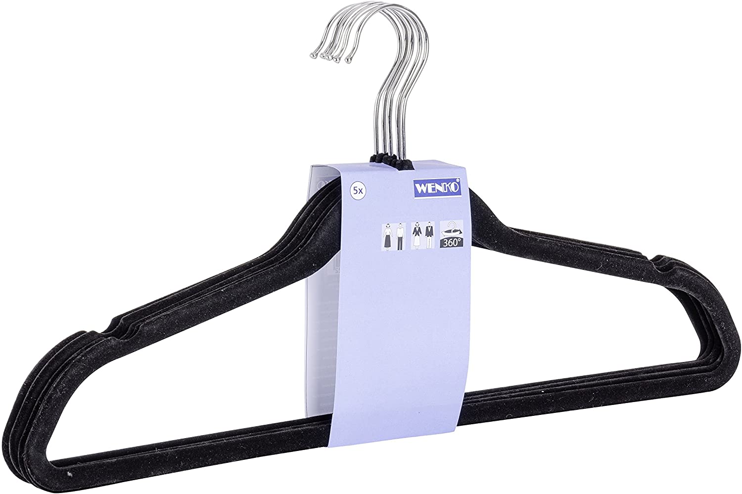 Fünfer-Set schwarzer Kleiderbügel mit heller Banderole silberne Haken nach oben fächerförmig angeordnet