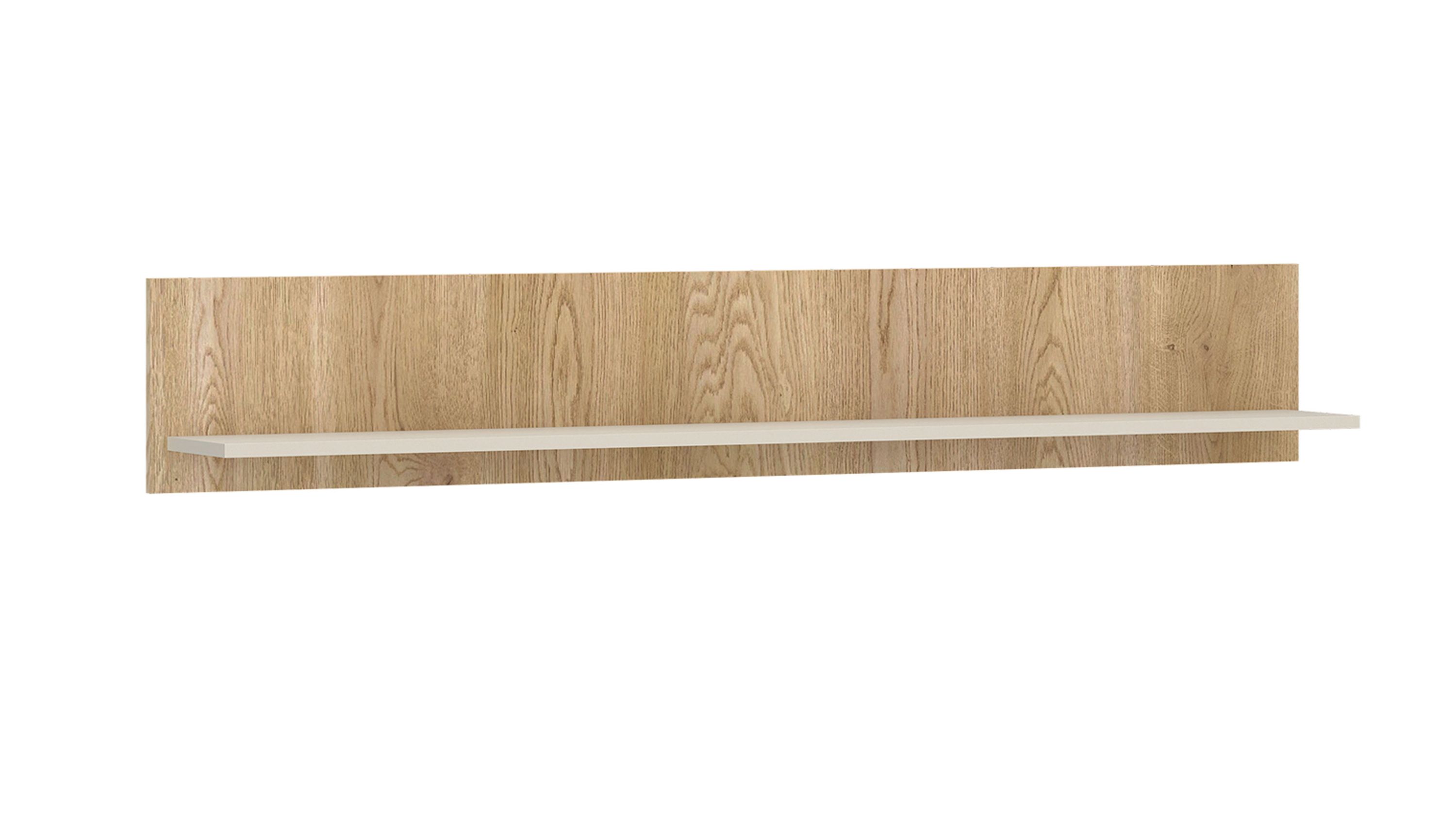 Wandregal mit Holzrücken und weißem Brett Wandregal mit hellem Holzrücken und weißem Regalbrett