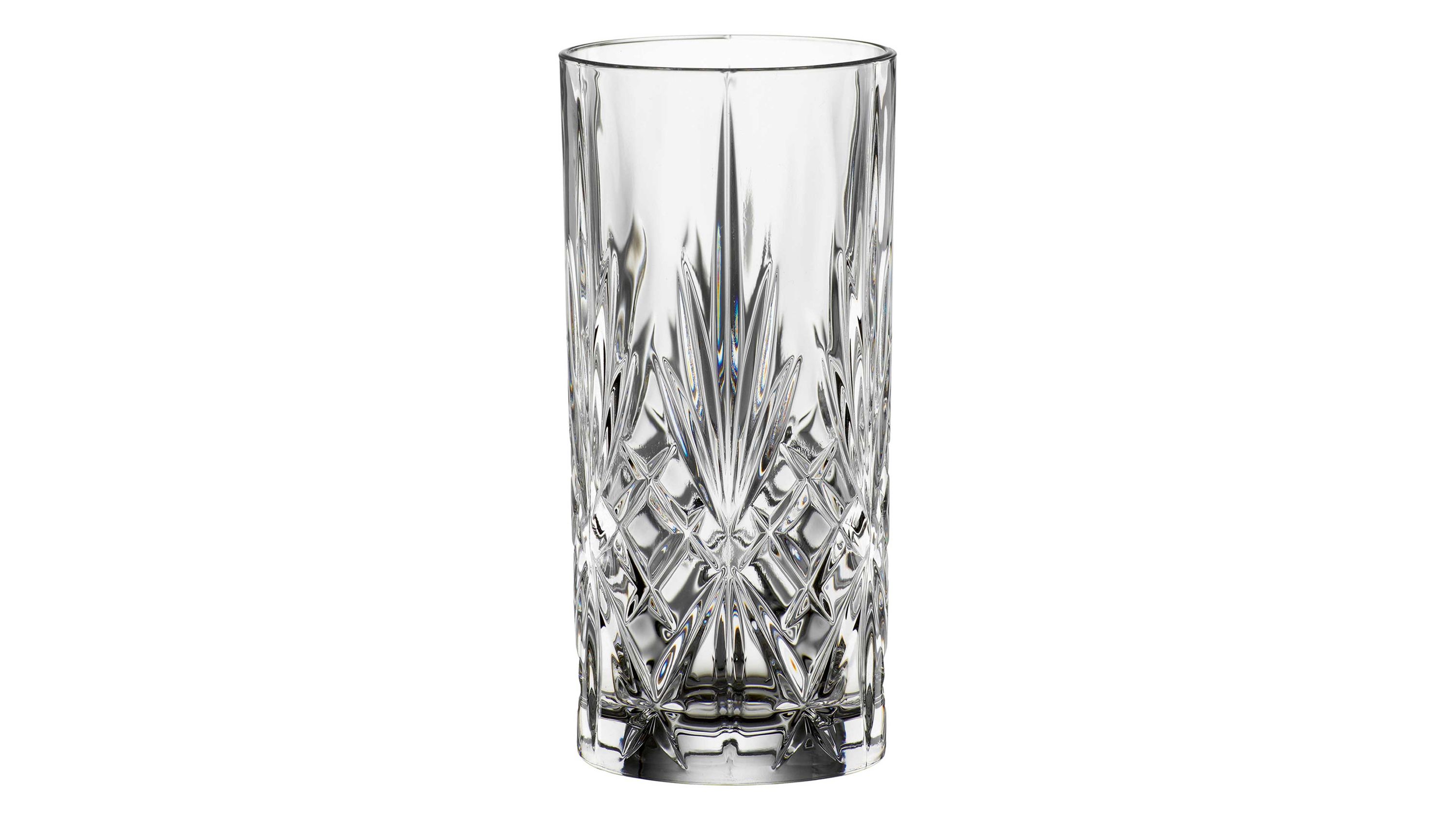 Klares hohes Longdrinkglas mit geschliffenem Muster und geradem Rand