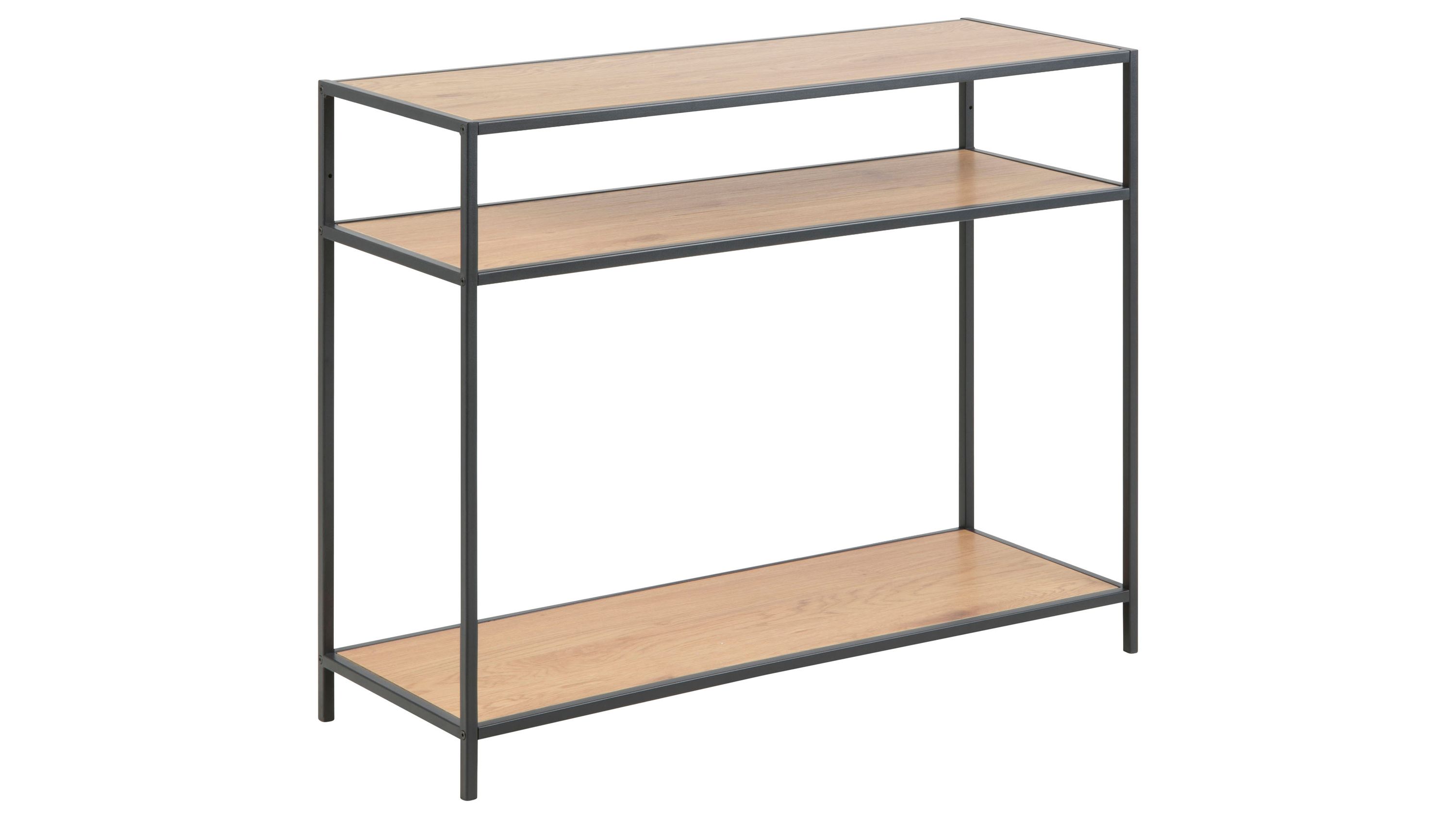 Konsoltisch mit rechteckiger Form drei Ablageflächen in Holzoptik und schwarzem Metallgestell