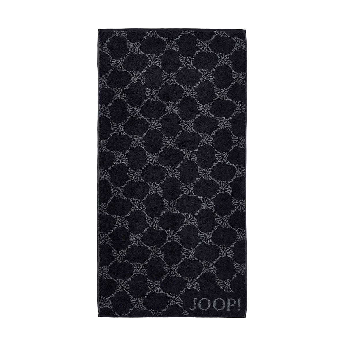 Frontalansicht JOOP-Duschtuch in Schwarz mit Cornflower-Muster in Grau Markenlogo unten links