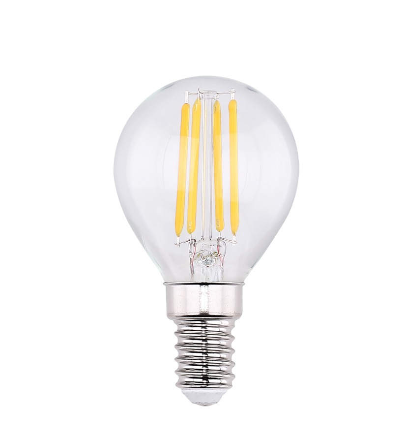 Einzelnes E14-LED-Leuchtmittel aus klarem Glas  7 8?cm hoch  frontal freigestellt fotografiert