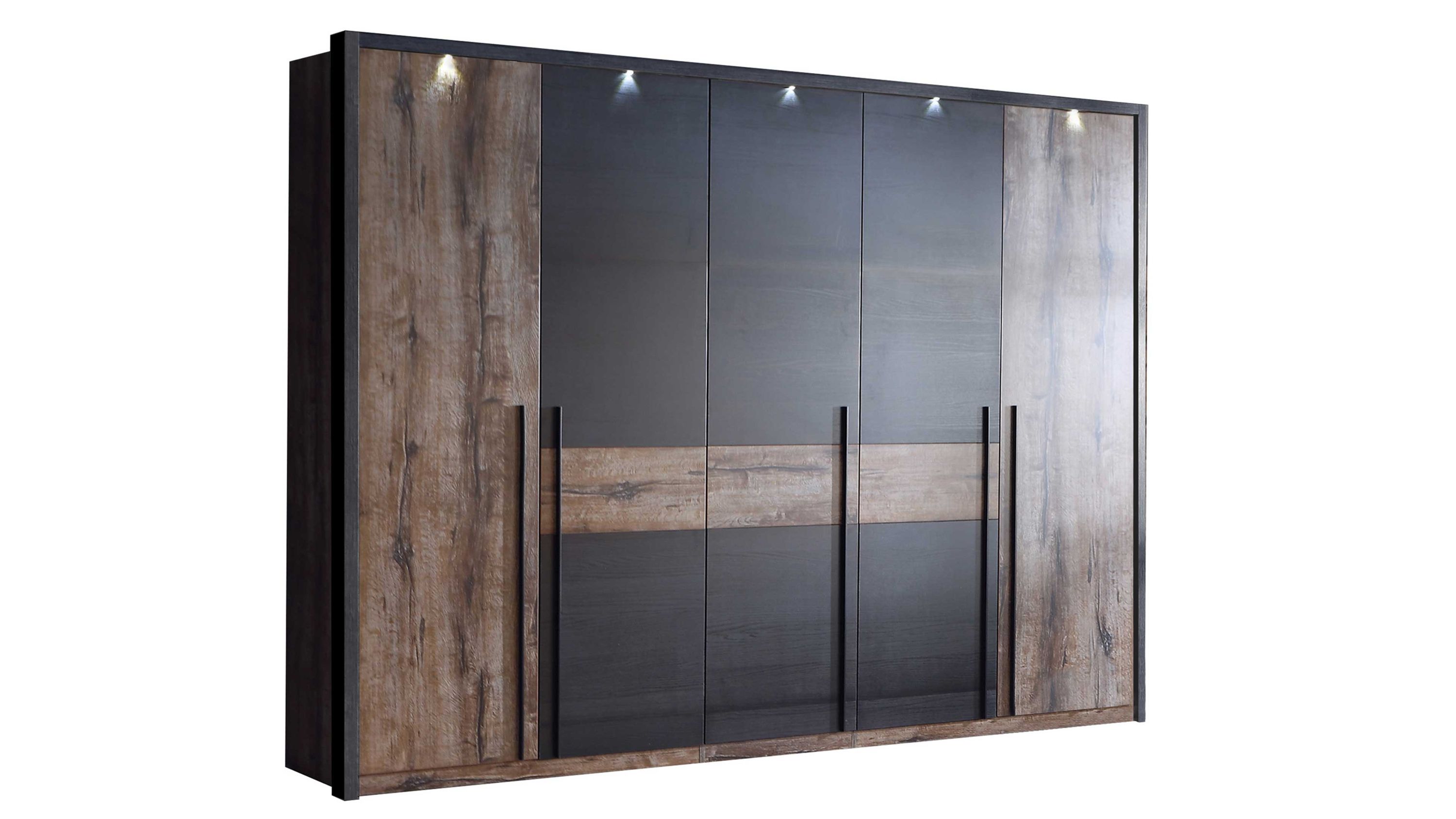 Fünftüriger Kleiderschrank mit Beleuchtung in dunkler Holzoptik Fünftüriger Kleiderschrank mit Beleuchtung in dunkler Holzoptik und schwarzen Akzenten