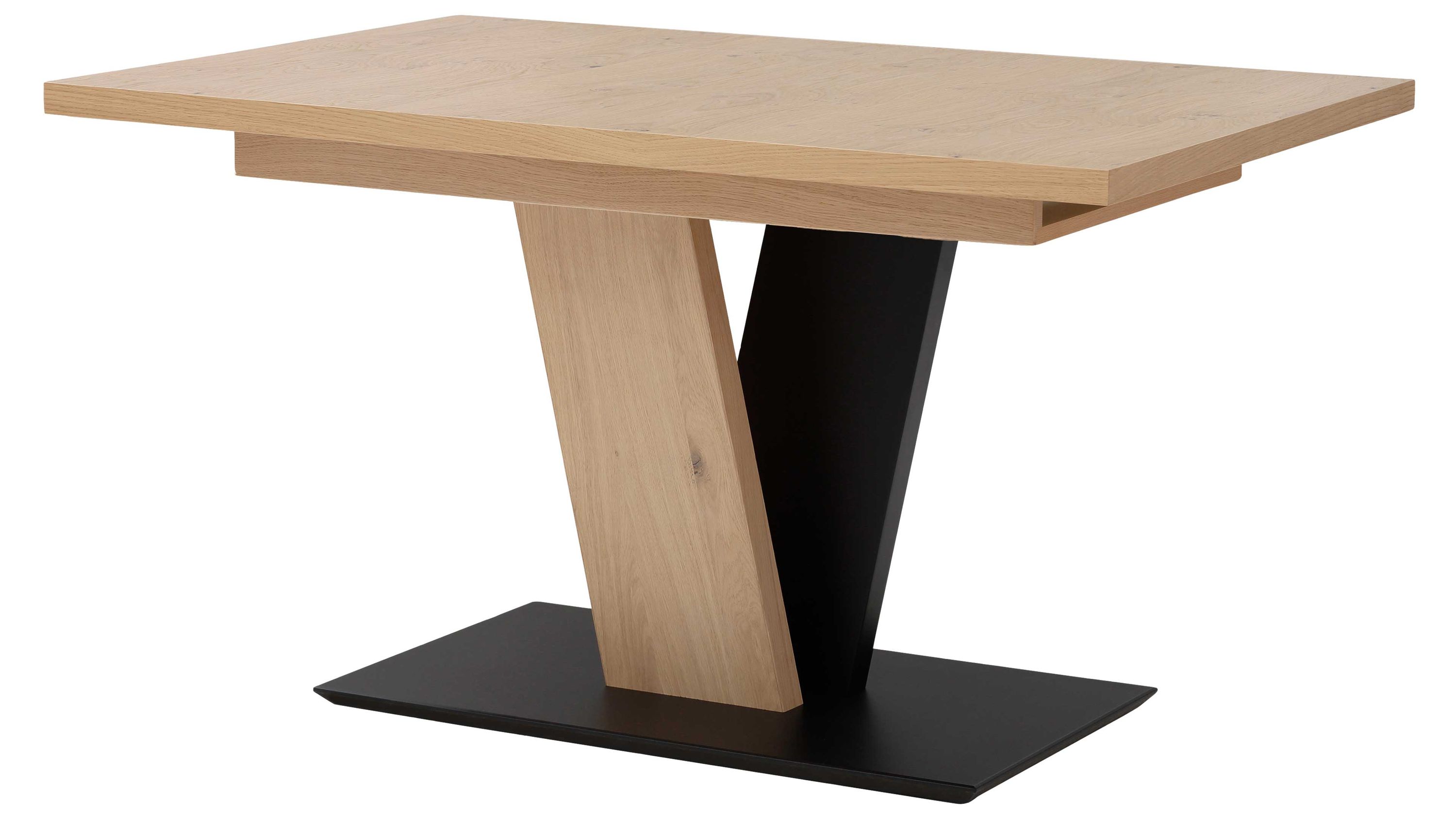 Rechteckiger Esstisch mit Holzplatte und schwarzem Gestell Rechteckiger Esstisch mit hellem Holzplatte zwei schrägen Beinen in Holz und schwarz rechteckige schwarze Bodenplatte