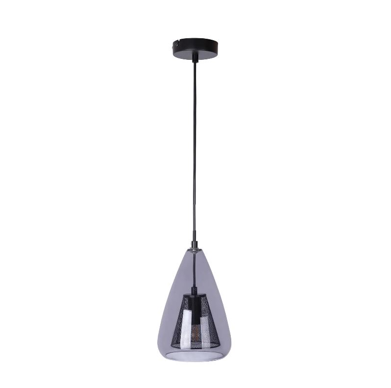Moderne Pendelleuchte mit Glasdesign Schräg von unten fotografierte Pendelleuchte mit schwarzem Kabel und konischem Glasschirm.