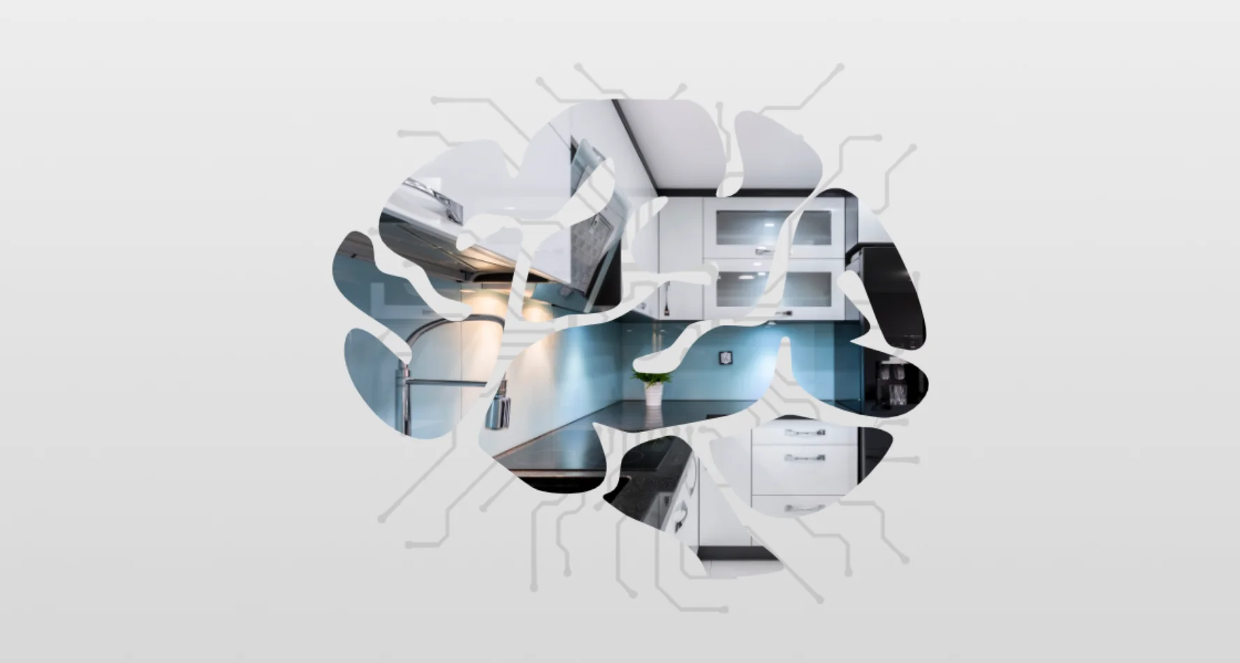 Visualisierung einer modernen, smarten Küche in Form eines digitalen Gehirnsymbols mit vernetzter Technologie