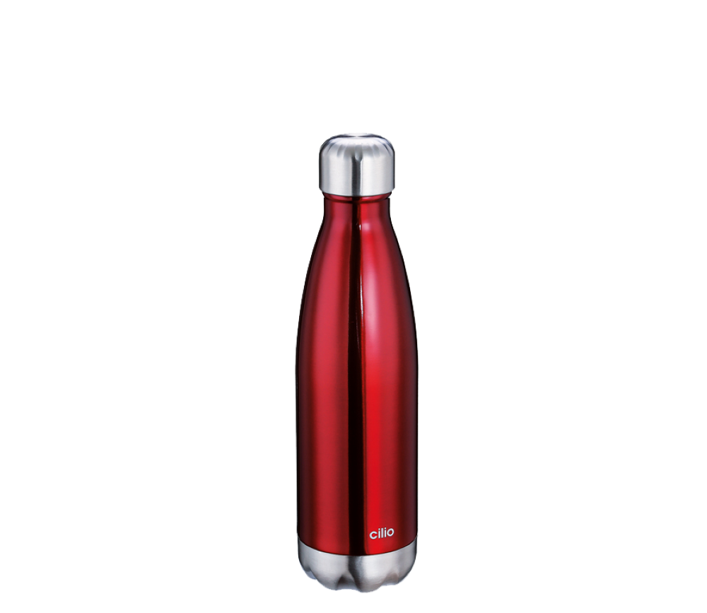 Rote Flasche mit silbernem Schraubverschluss stehend vor hellem Hintergrund