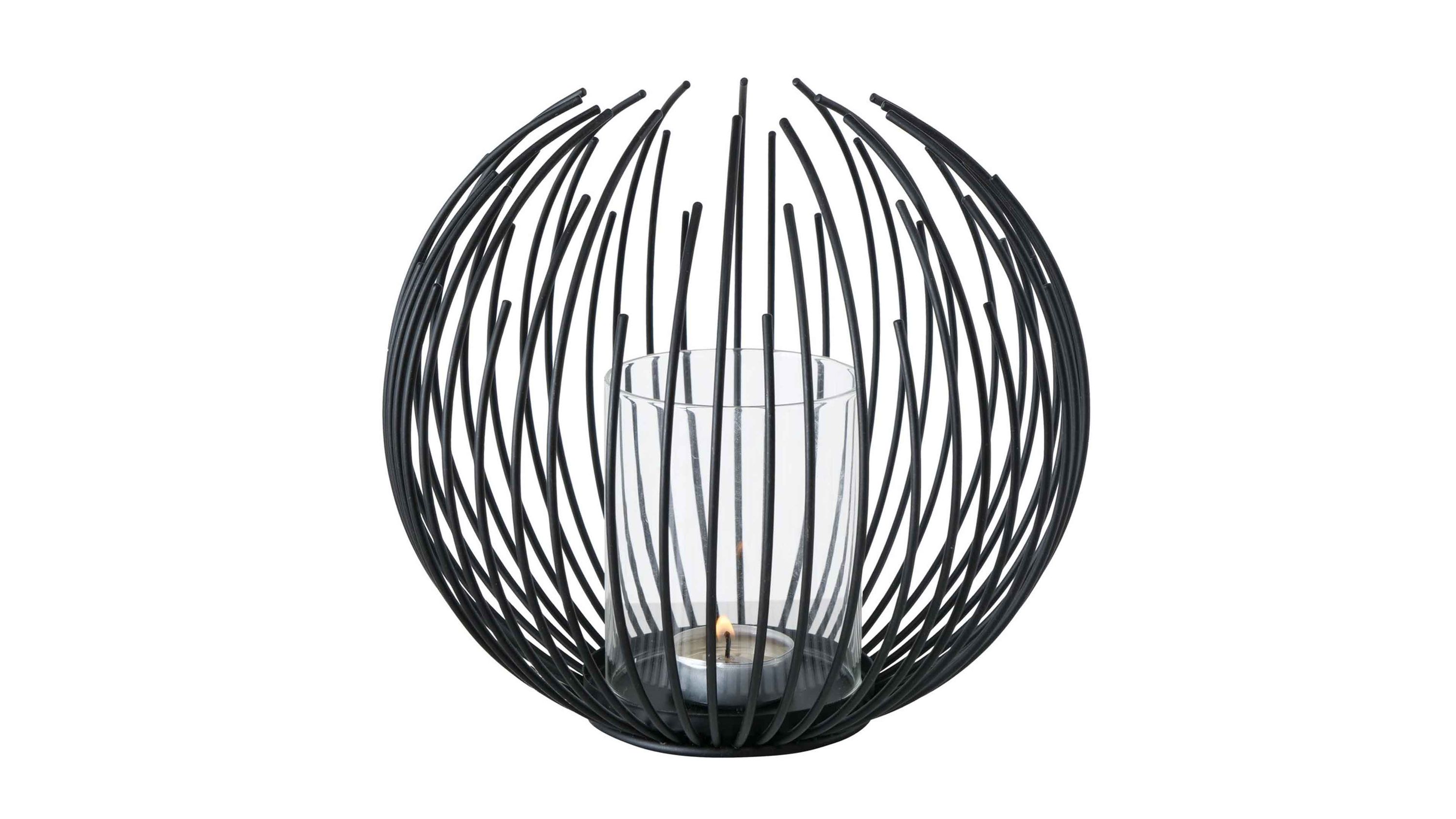 Rundes Windlicht mit Metallstäben und Glaszylinder Rundes Windlicht mit schwarzen gebogenen Metallstäben und klarem Glaszylinder in der Mitte