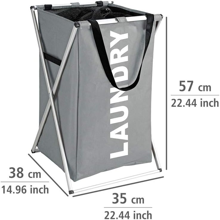Grauer Wäschesammler mit Maßen 57×38×35 cm und Aluminiumgestell, LAUNDRY-Aufdruck Grauer Wäschesammler mit Maßen 57×38×35 cm, Aluminiumgestell und großem weißen LAUNDRY-Aufdruck, freigestellt gezeigt