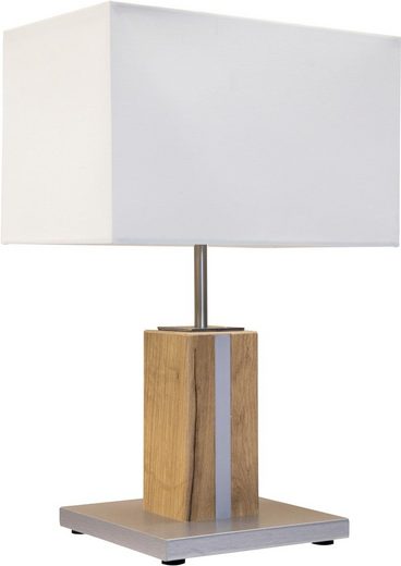 Tischlampe mit rechteckigem weißen Schirm, Holzfuß und quadratischer Metallbasis, frontal aufgenommen