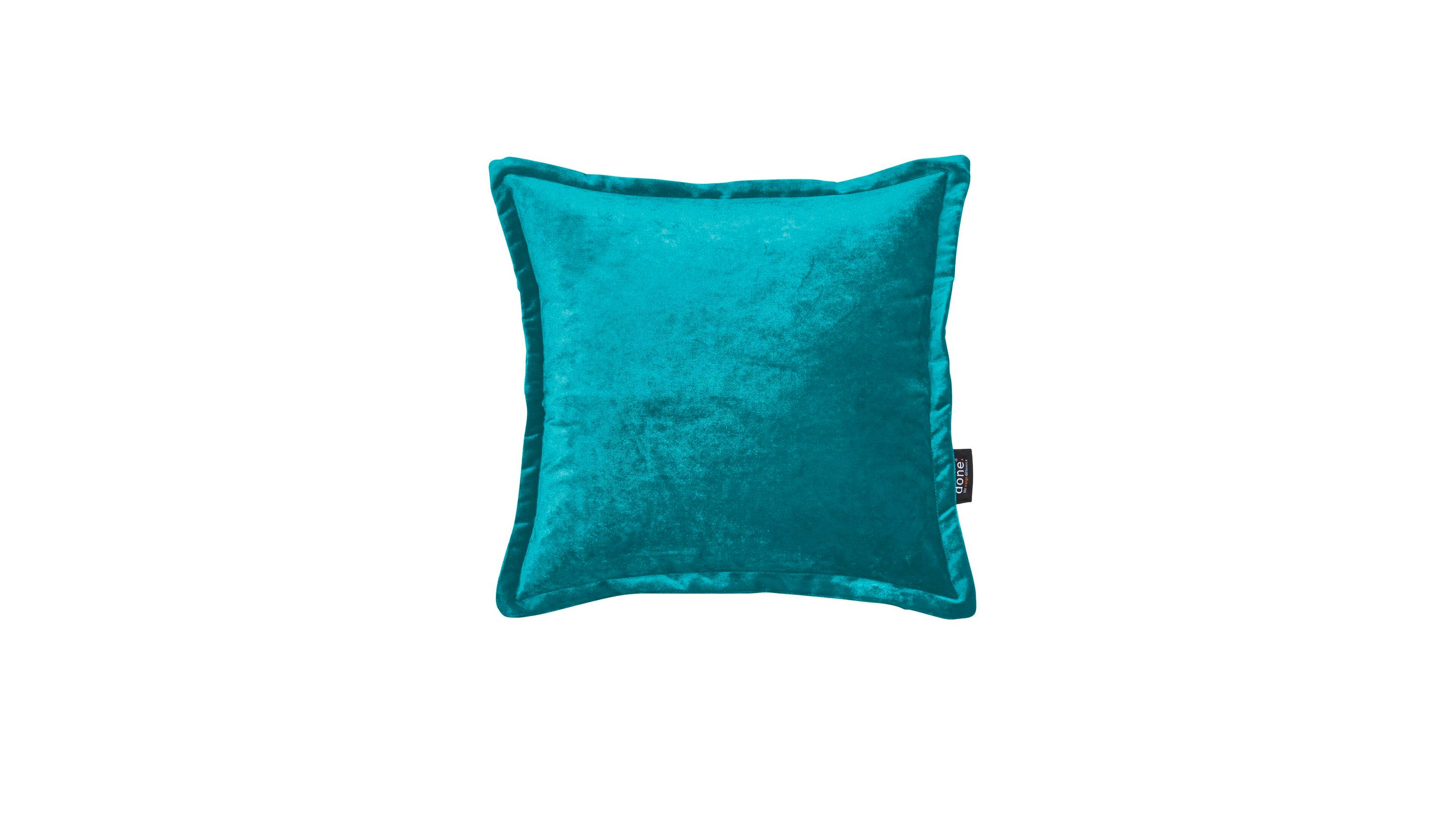 Aquafarbene quadratische Kissenhülle aus Samt Quadratische Kissenhülle in aquafarbenem Samt mit schmalem Rand