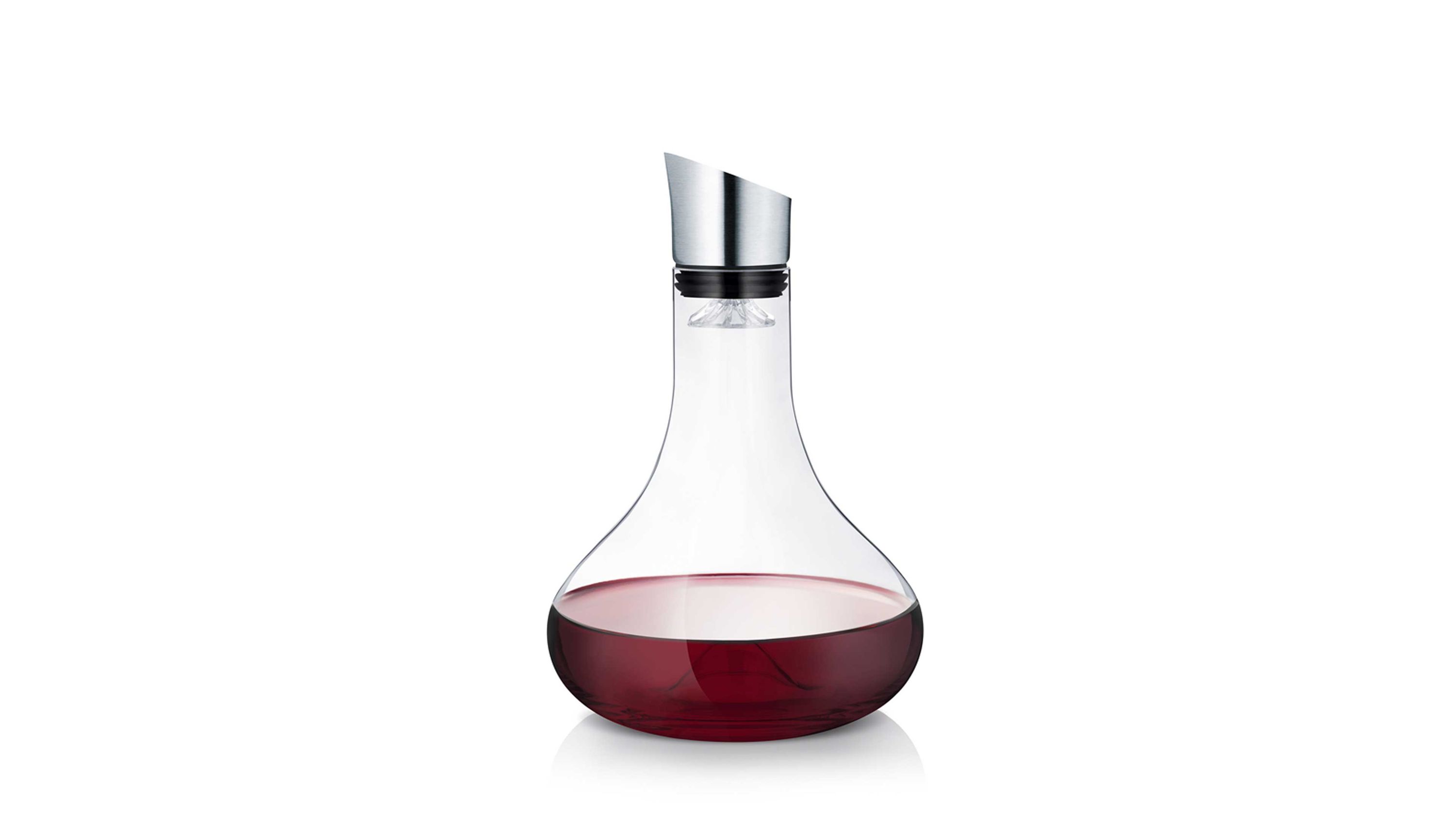 Dekantierkaraffe aus Glas mit Edelstahlverschluss Dekantierkaraffe mit bauchigem Glasbehälter und schmalem Hals silberner Ausgießer