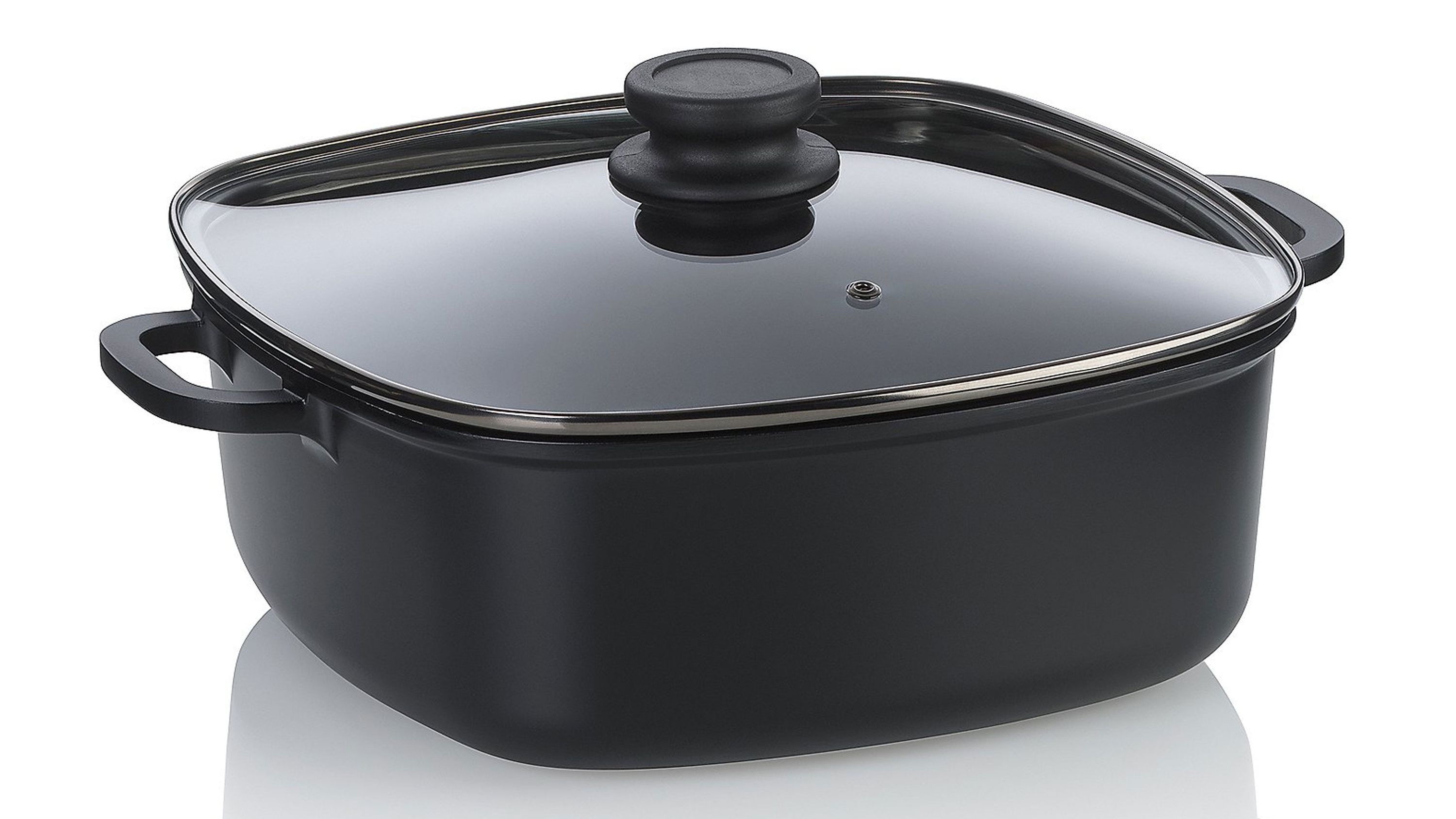 Schwarze quadratische Servierpfanne mit Glasdeckel und zwei Griffen