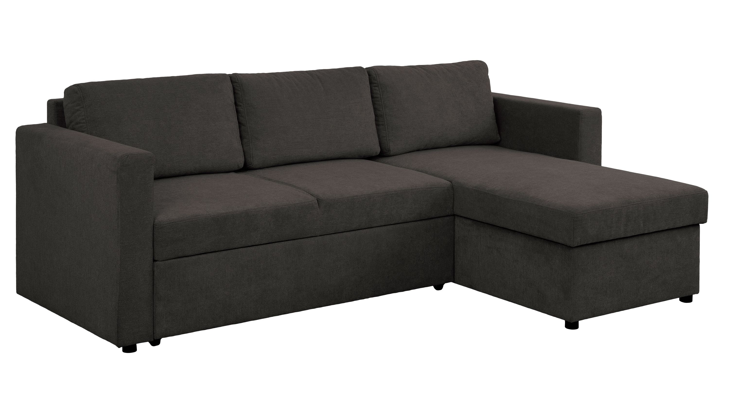 Taupefarbenes Ecksofa mit schwarzen Füßen Ecksofa mit taupefarbenem Bezug und schwarzen Füßen mit drei Rückenkissen