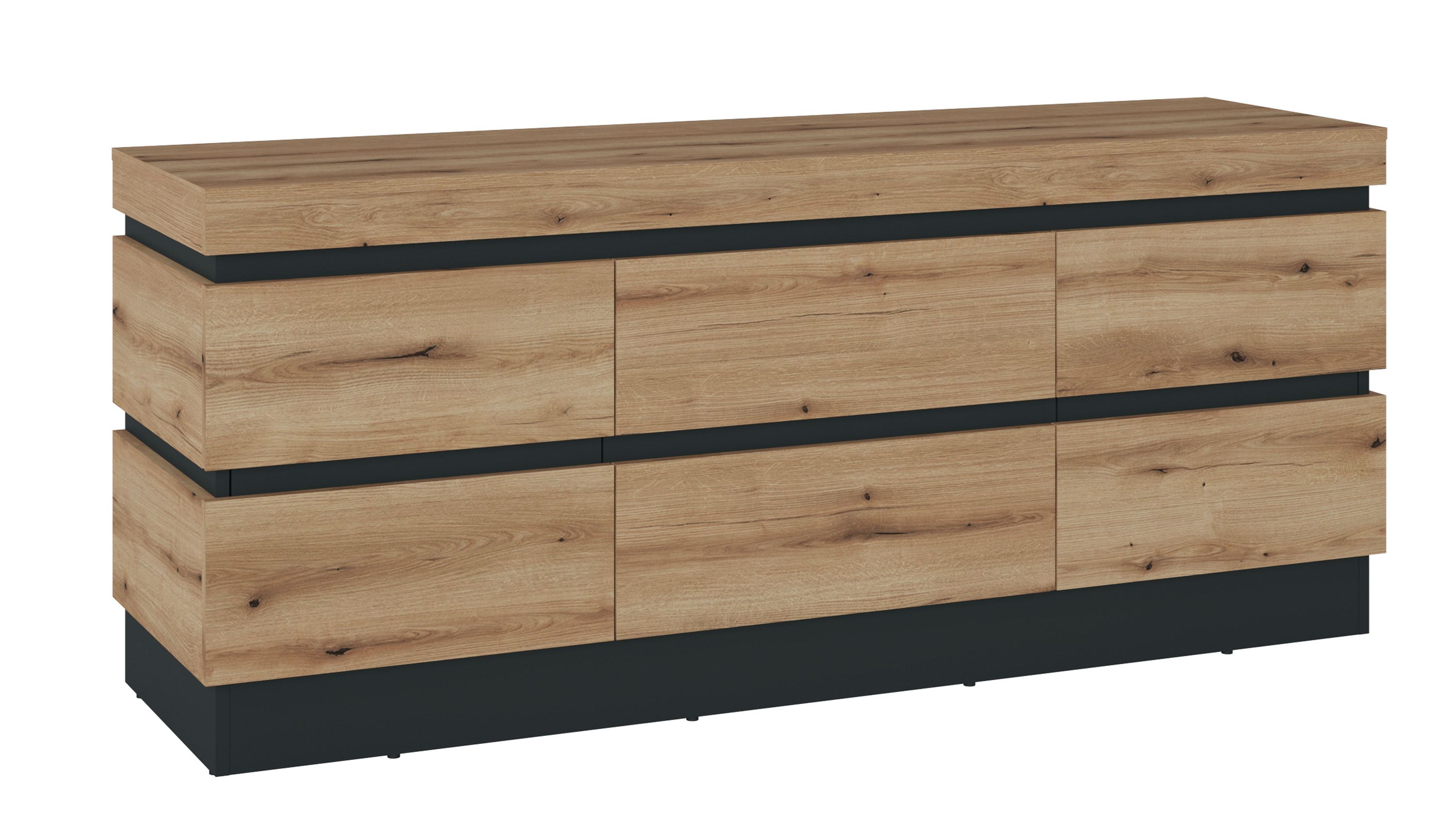 Lowboard mit sechs Fronten in Holzoptik und grauen Akzenten