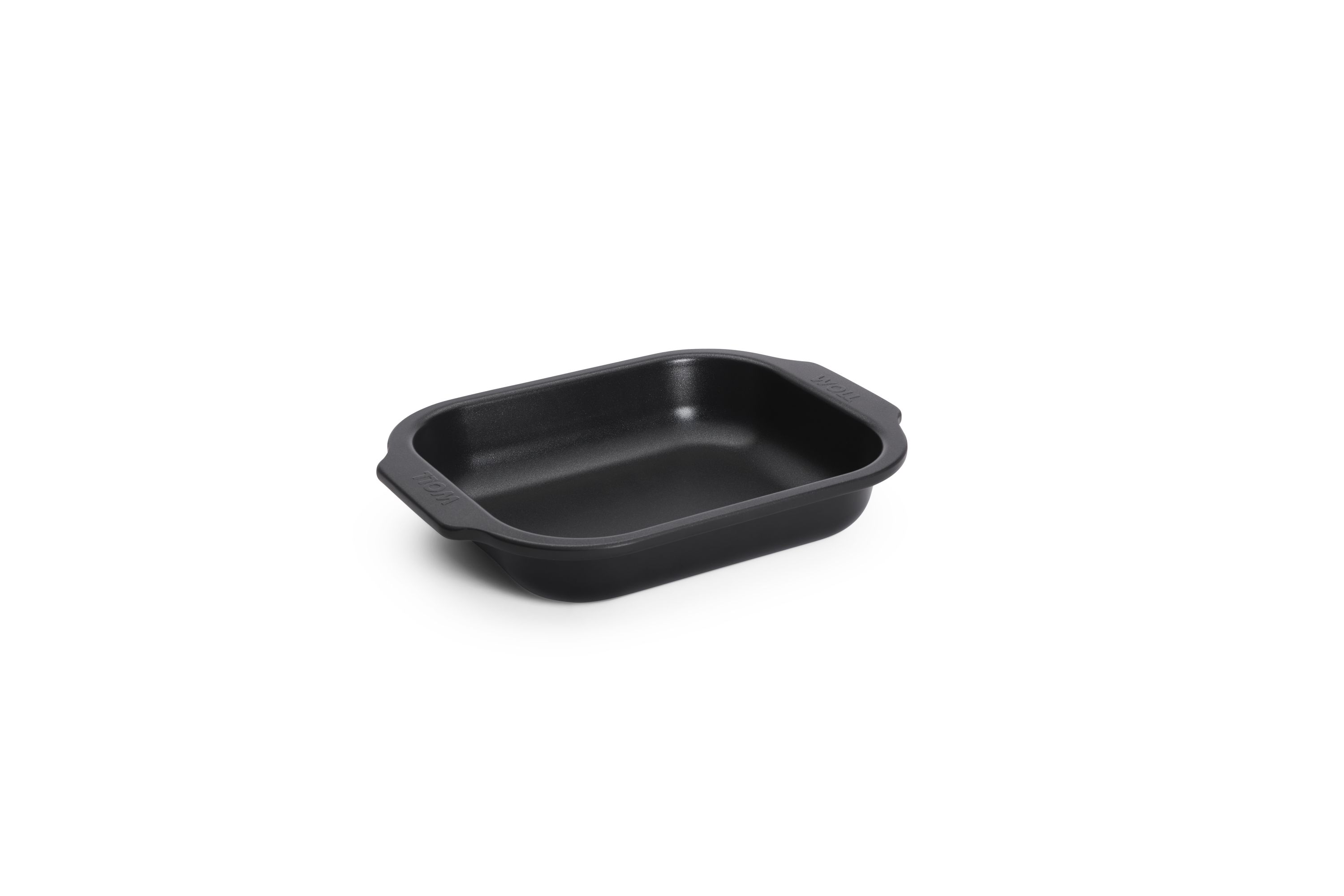 Rechteckige WOLL-Auflaufform mit praktischen Griffen. Schwarze WOLL-Auflaufform mit Griffen, rechteckig und antihaftbeschichtet, leicht schräg fotografiert.