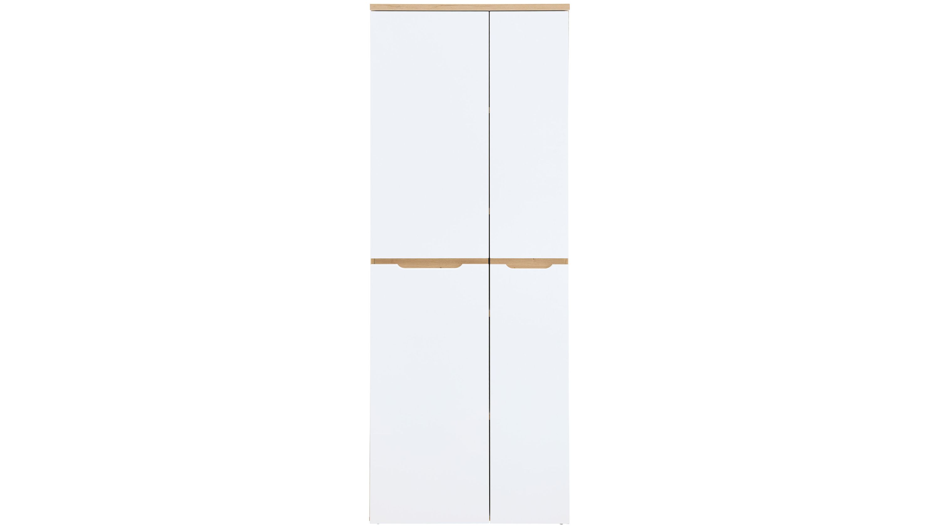Hochschrank mit weißen Türen und hellbraunen Griffleisten Hochschrank mit vier weißen Türen und hellbraunen Griffleisten oben und in der Mitte