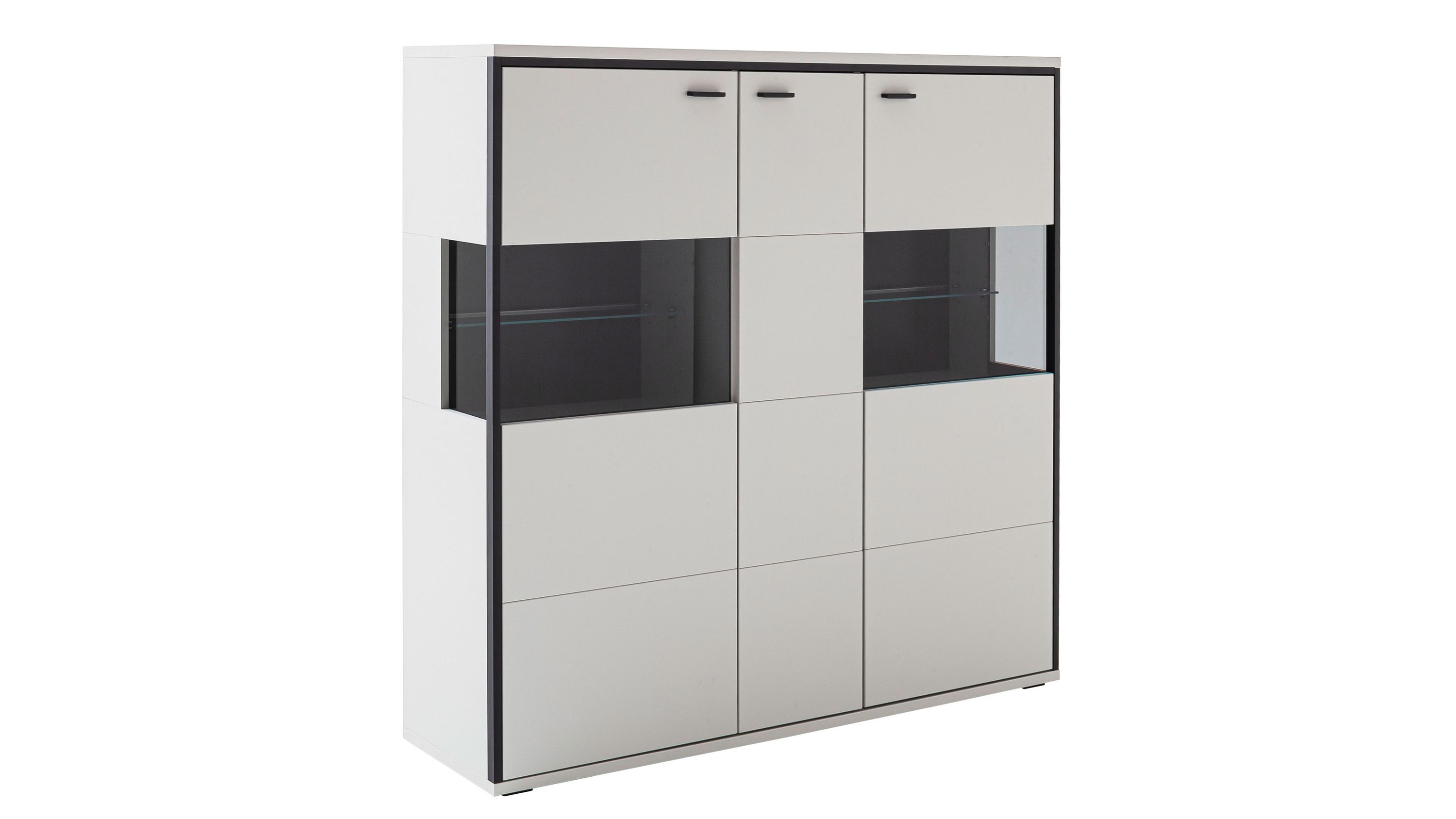 Highboard mit drei Türen in weiß und schwarzgrau Hochkommode mit drei Türen in weiß und schwarzgrau zwei Glaseinsätze mittig