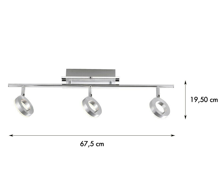 Vermaßte darstellung einer schwenkbaren deckenleuchte aus metall in aluminiumoptik  breite 67,5 cm  höhe 19,5cm